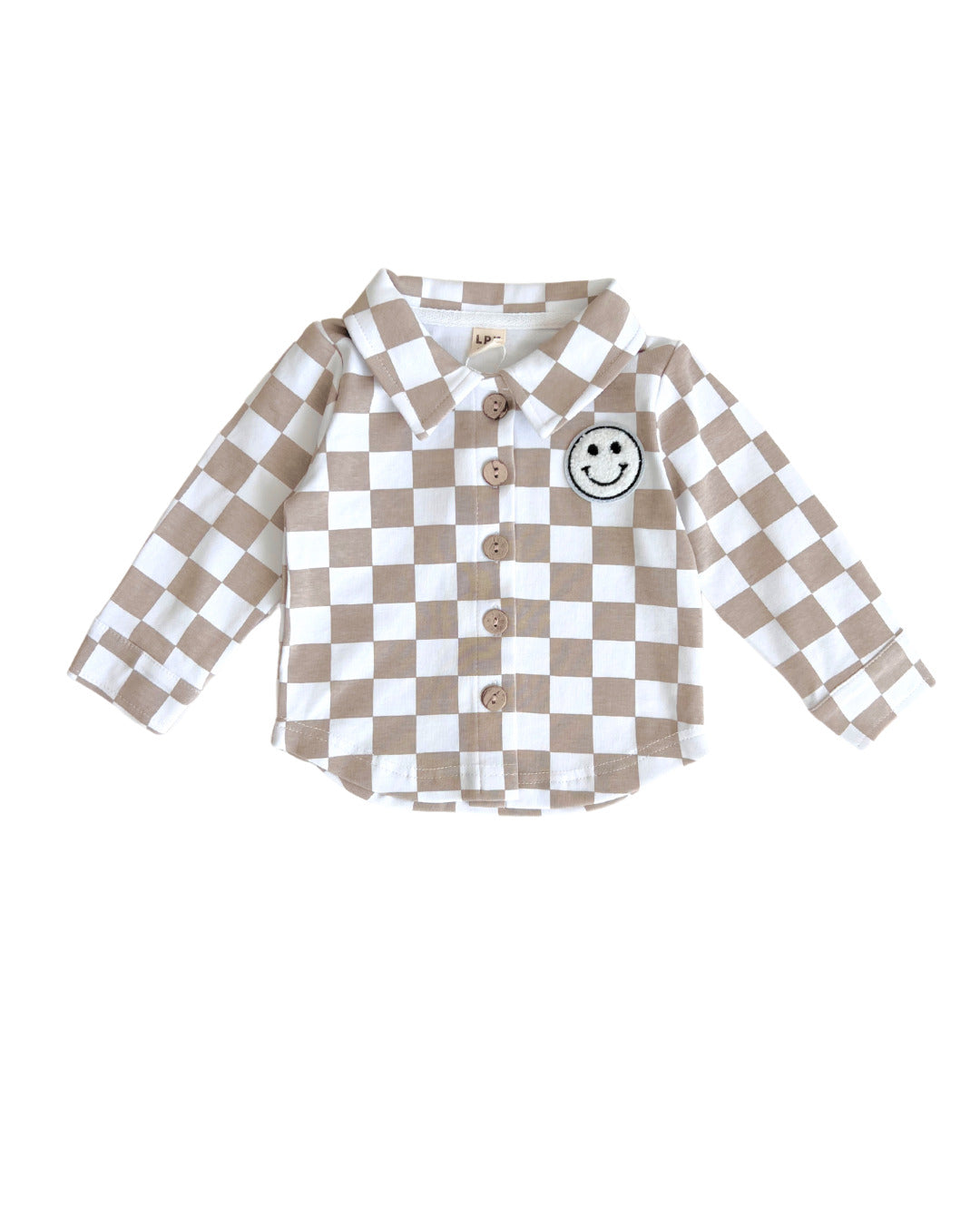 Cotton Shacket in Smiley Checkered Latte, button-down style with a cheerful smiley patch