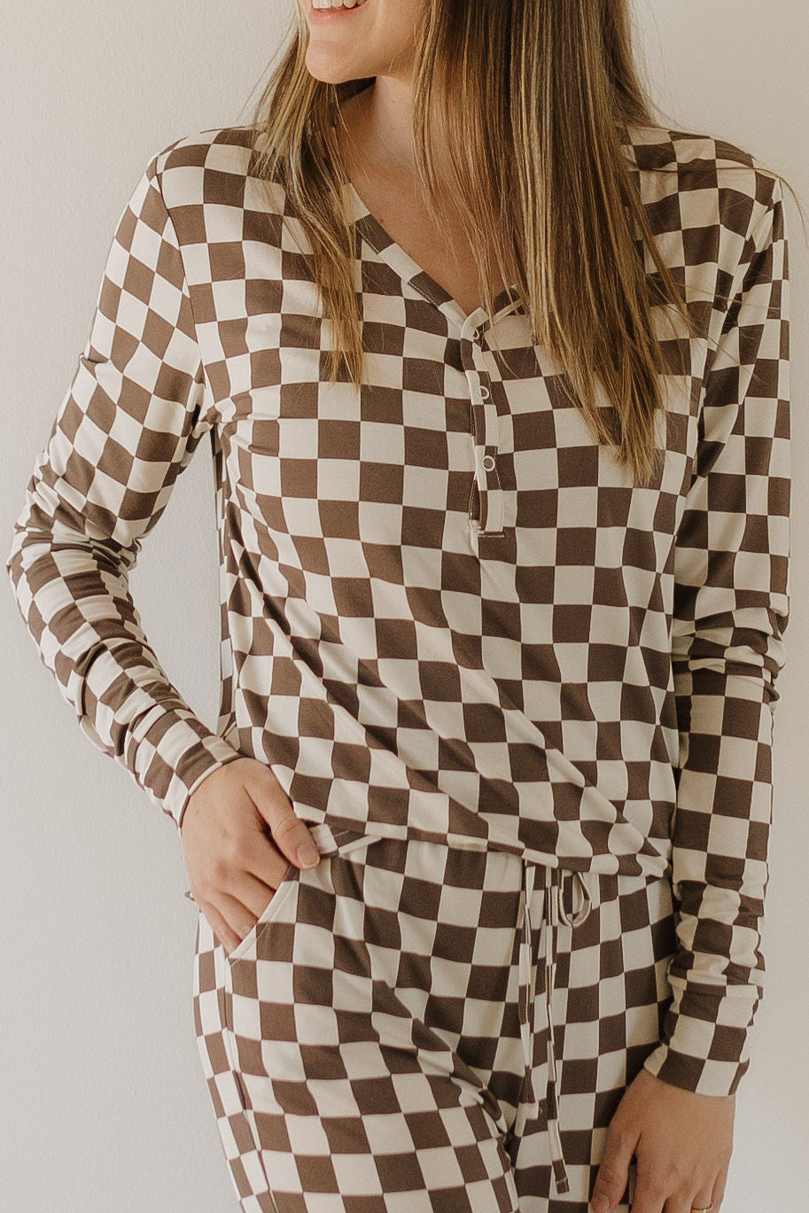 Womens bamboo pajama dutton set featuring a long-sleeve top in brown and cream checkerboard print.
