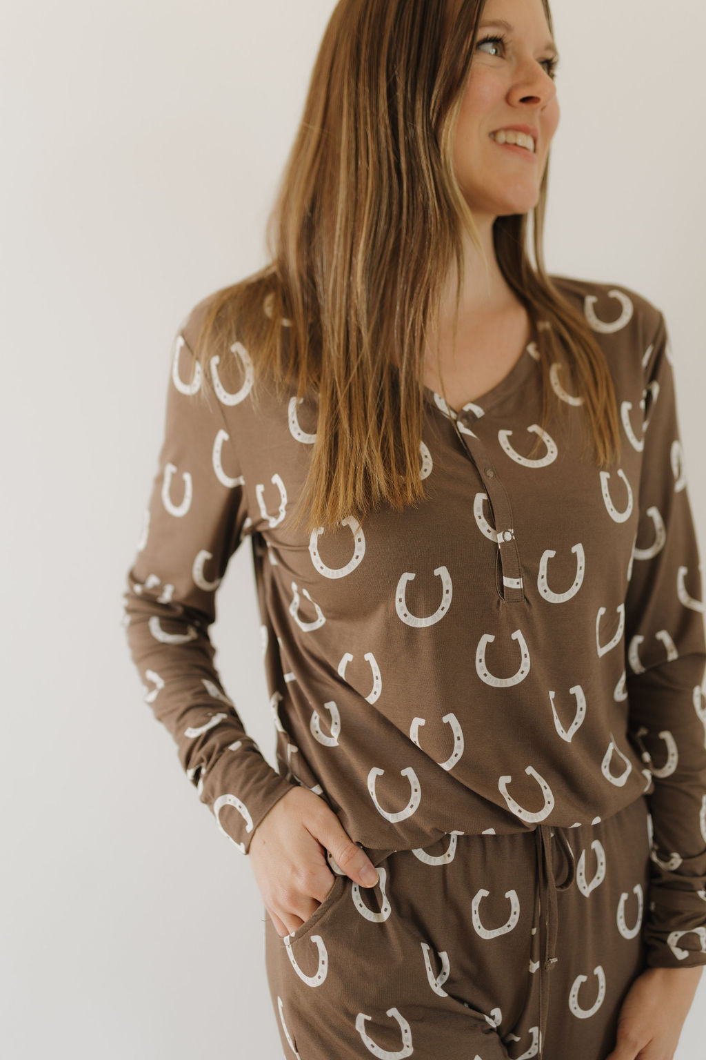 Womens bamboo pajama giddy up set featuring a brown horseshoe print and cozy, relaxed fit.