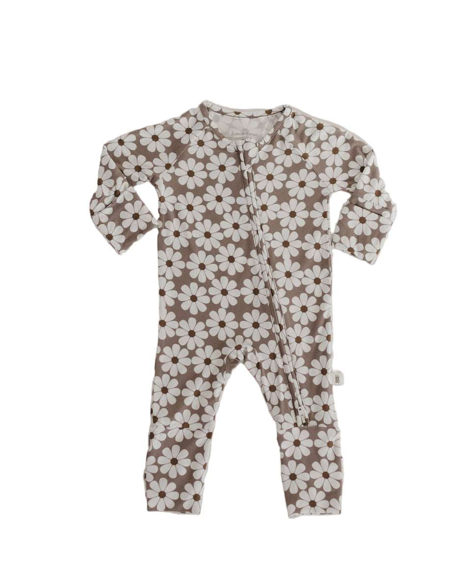 Bamboo zip pajamas darlin' for babies, featuring a brown and white floral print, perfect for cozy sleep.