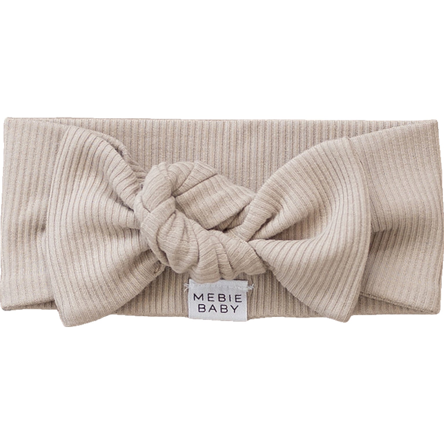 Oatmeal organic baby head wrap with pre-tied bow, made from GOTS-certified ribbed cotton for comfort and style.