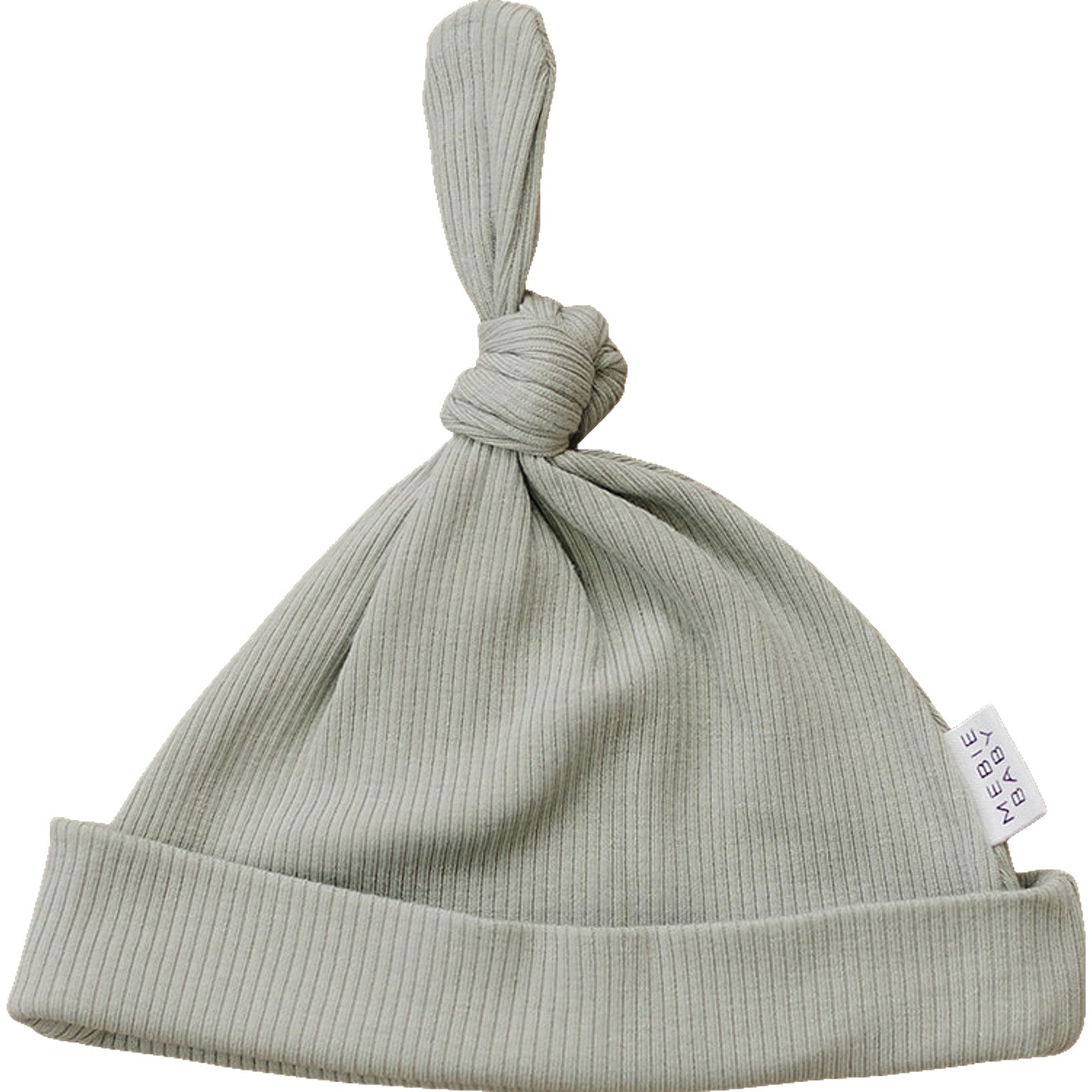 Sage organic newborn knot hat made from soft ribbed cotton, perfect for 0-3M babies, adjustable and machine washable.