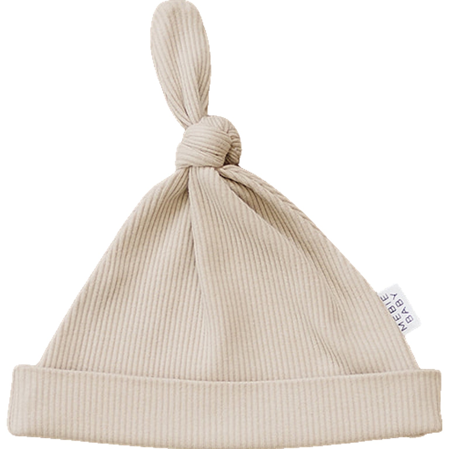 Organic newborn knot hat in oatmeal ribbed cotton with adjustable top knot for comfort and style.
