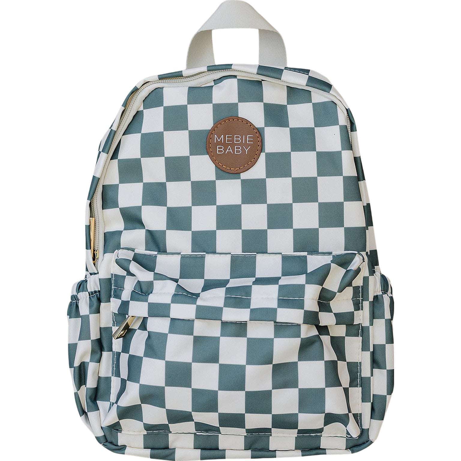 Green checkered mini backpack for kids, perfect for daycare or day trips with spacious compartments and adjustable straps.