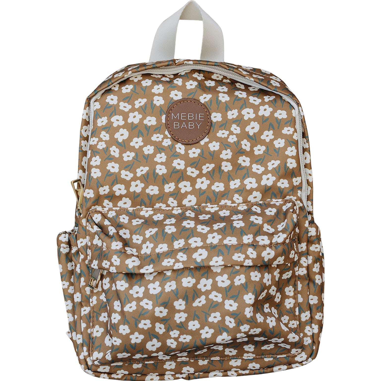 Mustard floral mini backpack for kids, perfect size for toddlers, with zip closure and adjustable straps.