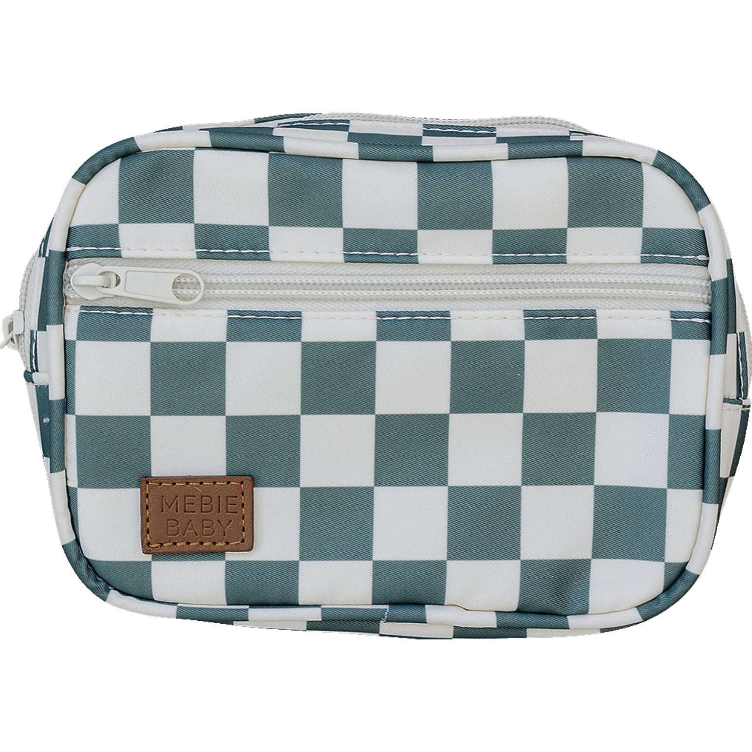 Green checkered mini fanny pack with zipper closure, adjustable strap, and lightweight design for kids' style and convenience.