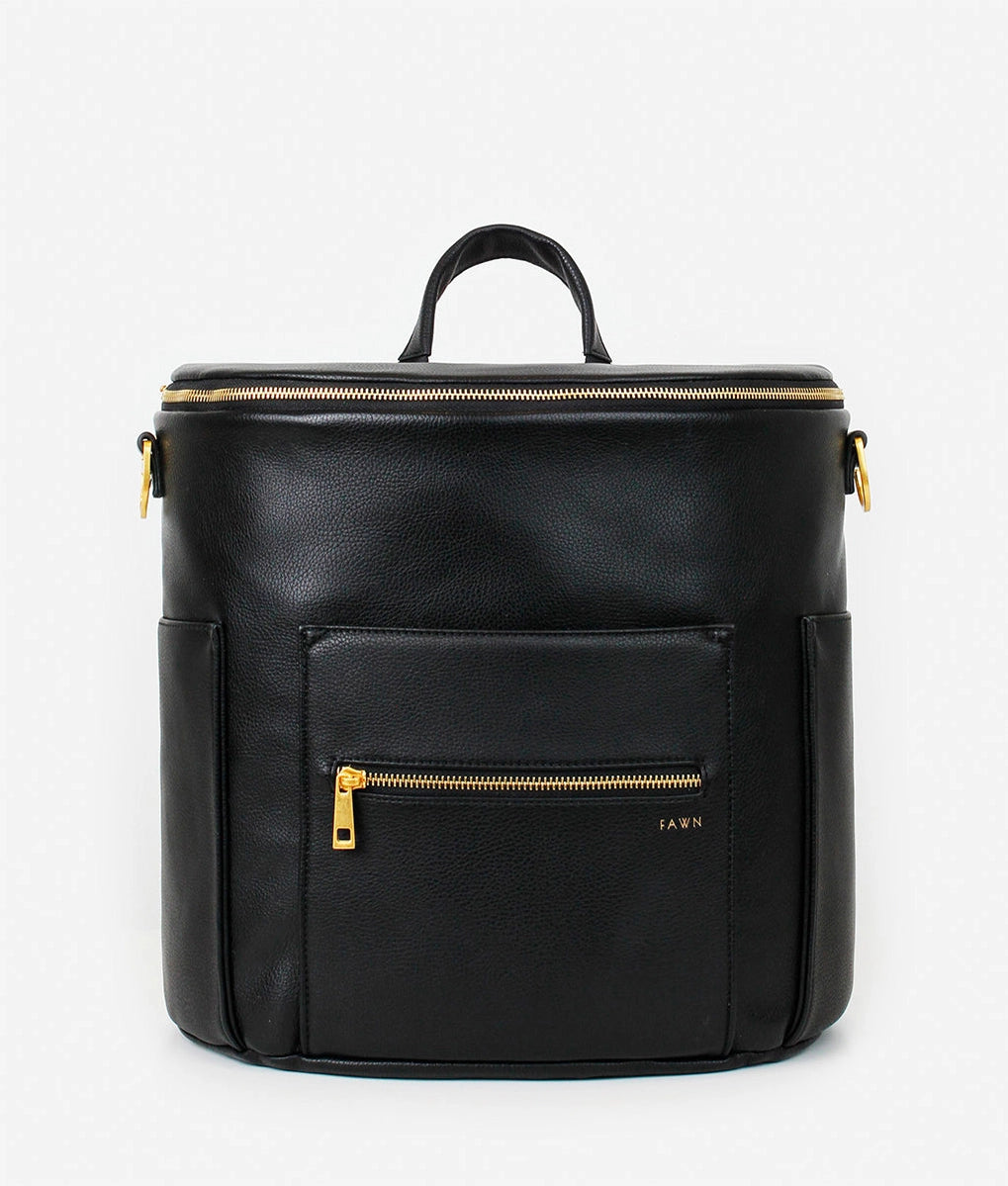 Original Diaper Bag Backpack in black faux leather, featuring gold accents and multiple pockets for organized storage.
