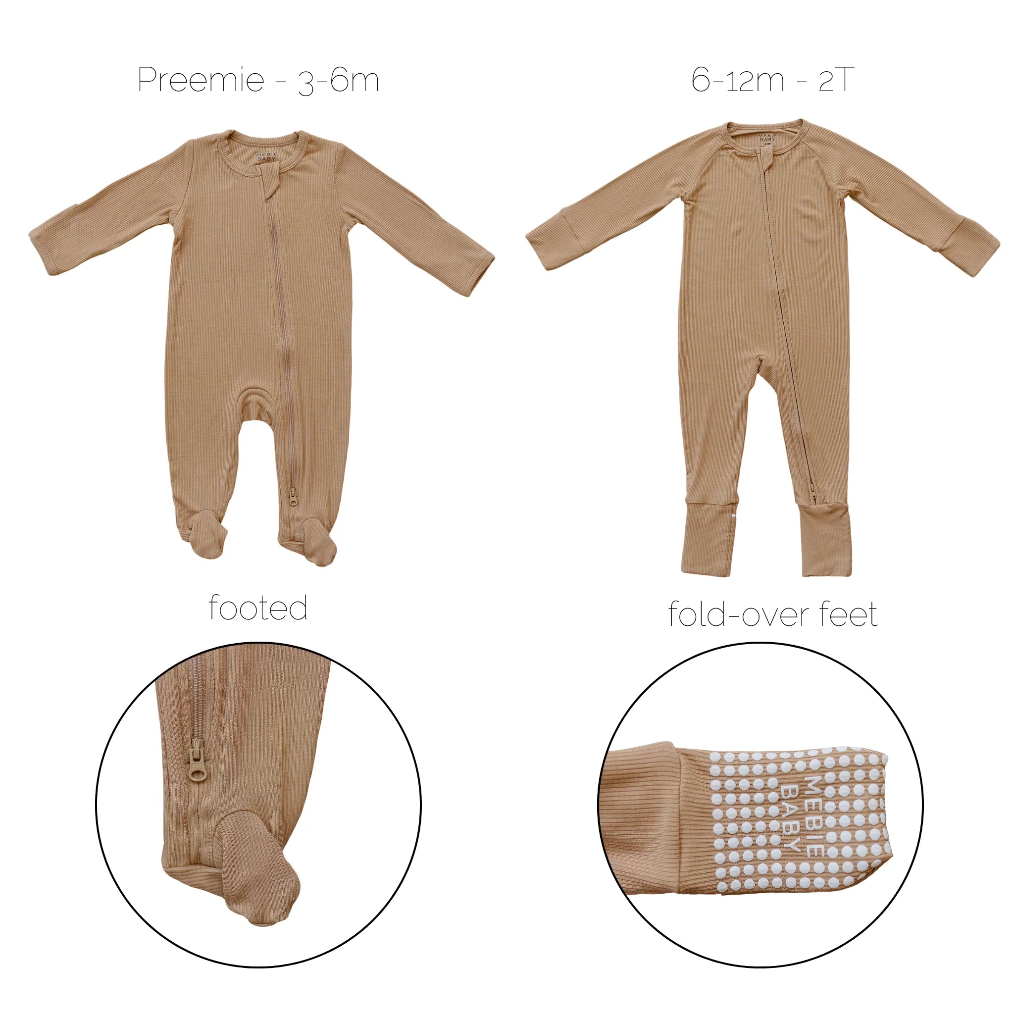 Latte ribbed bamboo zipper footie baby pajamas in preemie and toddler sizes with footed and fold-over cuffs.