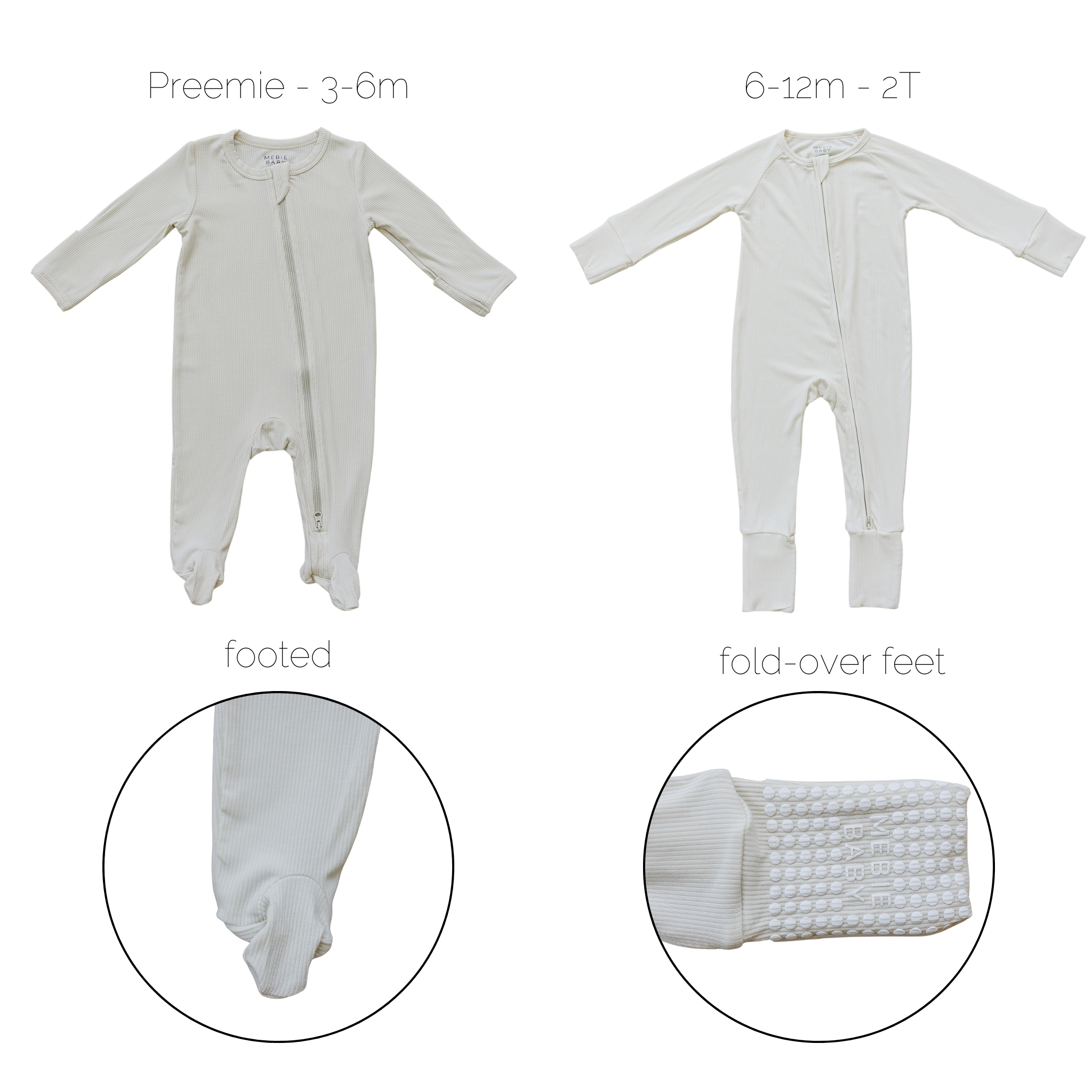 Cream ribbed bamboo zipper footie for babies, featuring footed and fold-over designs, available in sizes from preemie to 2T.