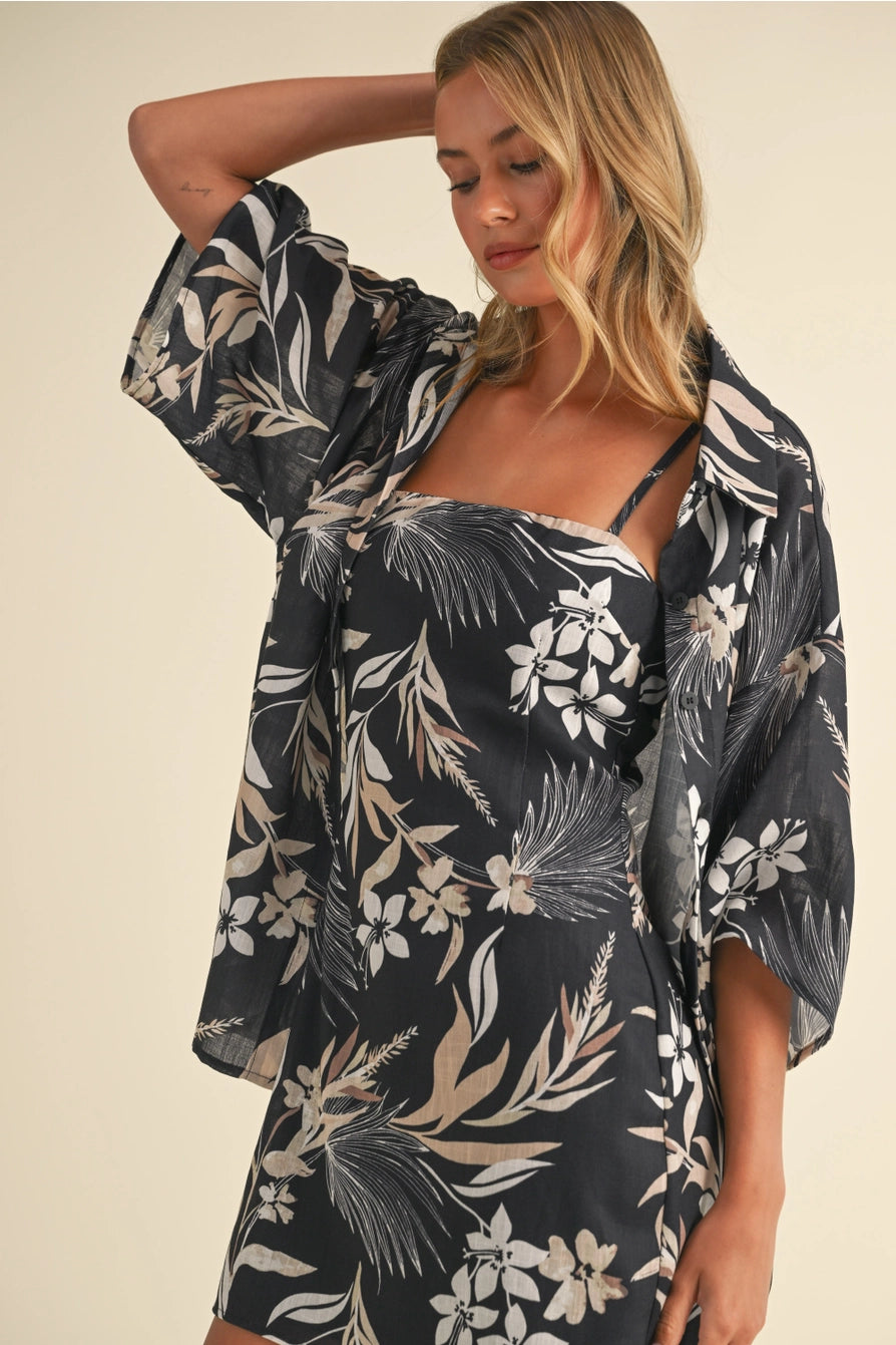 Oversized Short Sleeve Top and Mini Dress Set featuring tropical print, perfect for beach days and brunch.