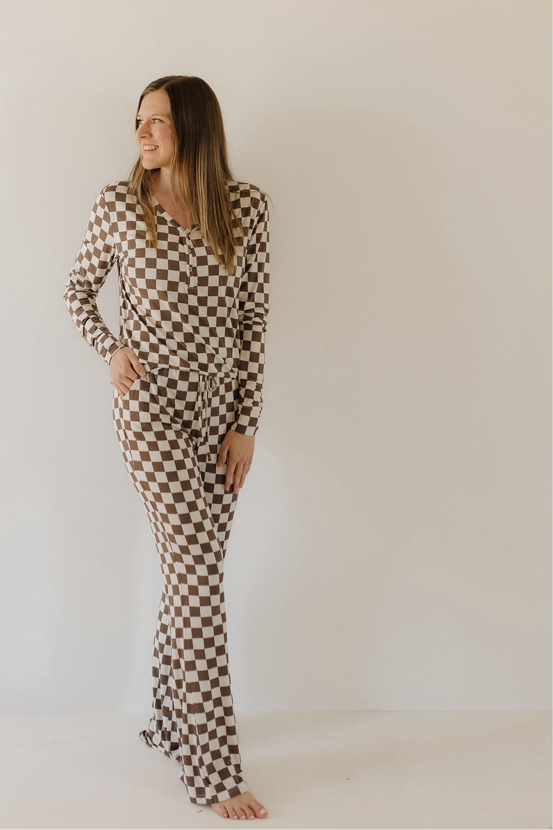Womens bamboo pajama dutton set in brown and cream checkerboard print, perfect for loungewear and relaxation.