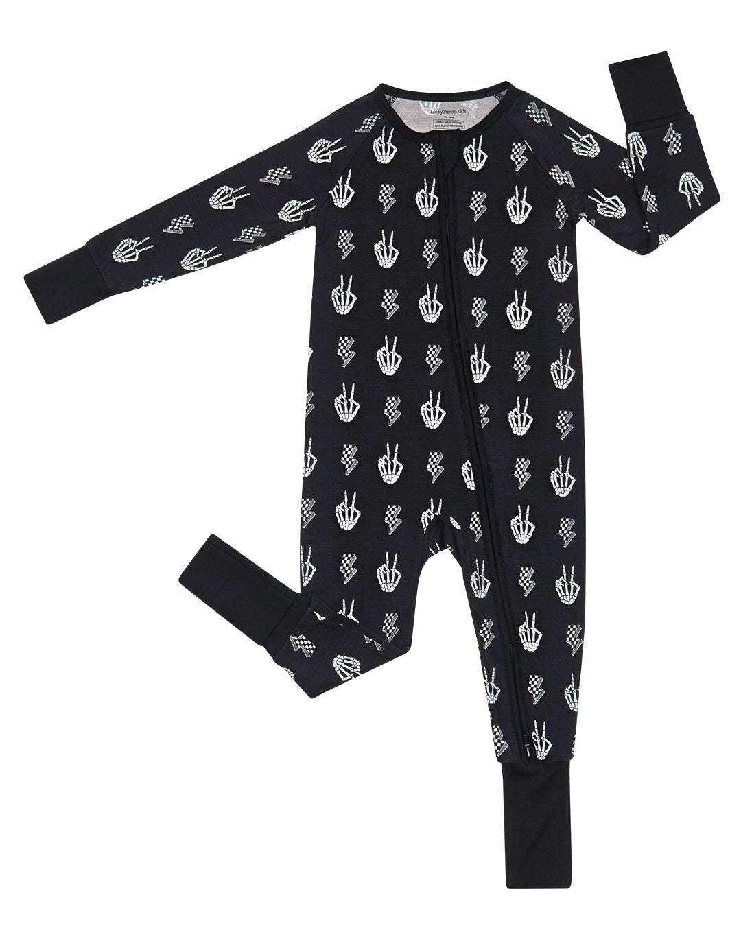 Bamboo Zip Romper Skelly Vibes in black with playful skeleton graphics for cozy Halloween fun.
