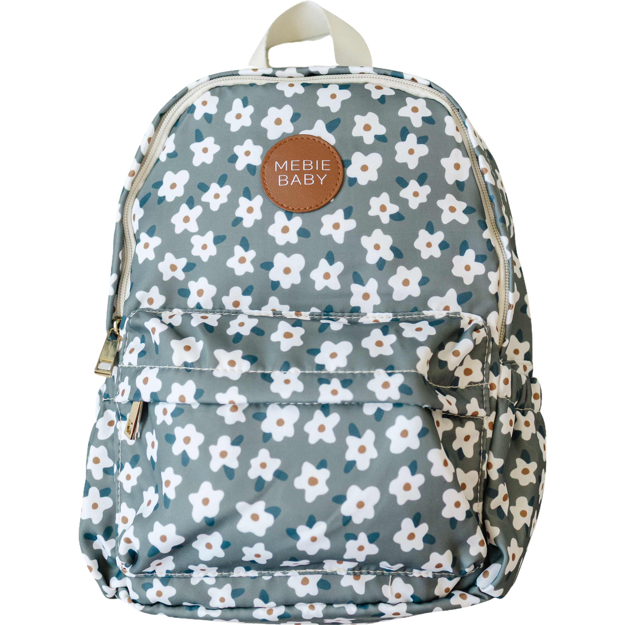 Green floral mini backpack for kids, perfect for preschool and outings, featuring adjustable straps for comfort.