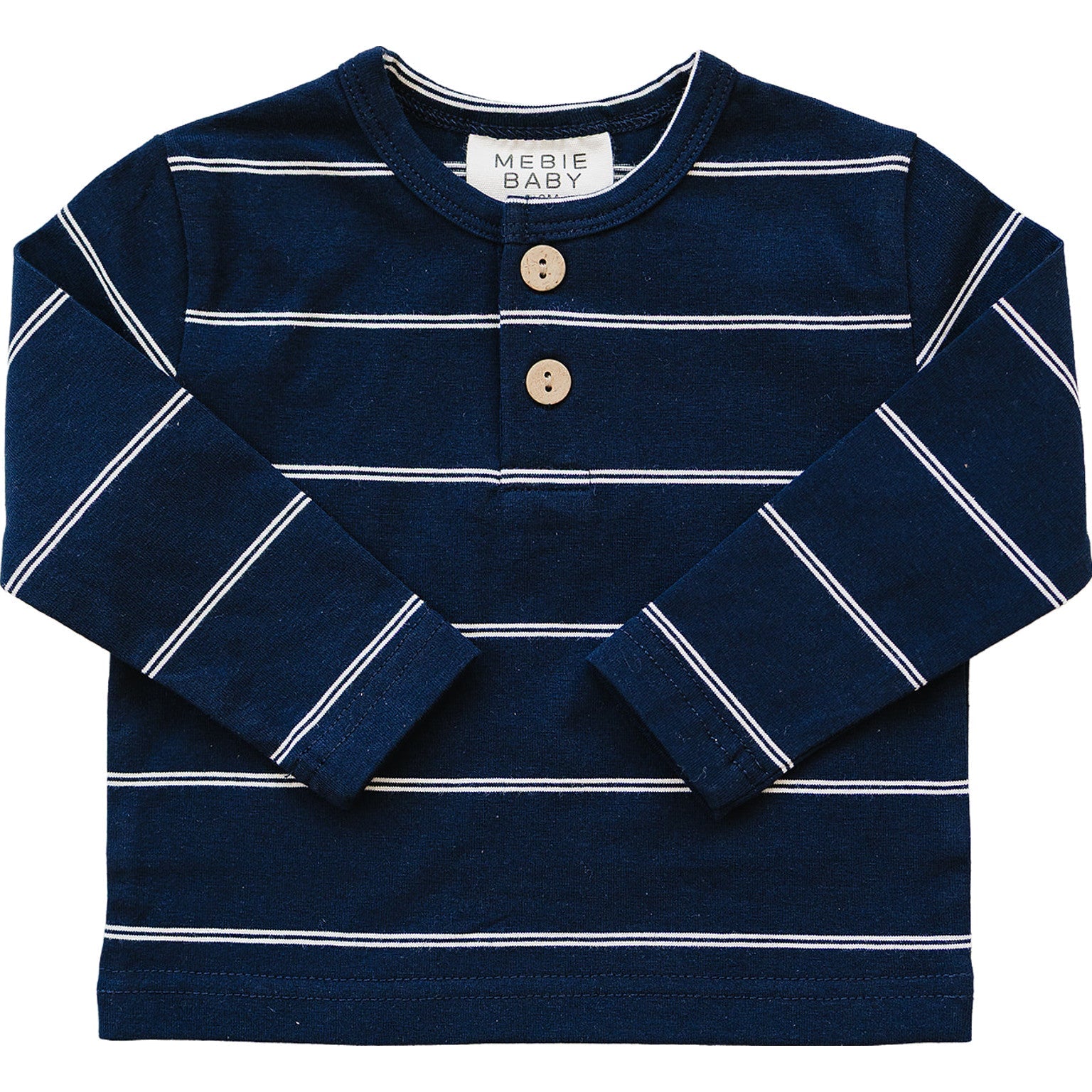 Navy stripe long sleeve tee for kids with buttons, soft cotton, perfect for everyday wear.