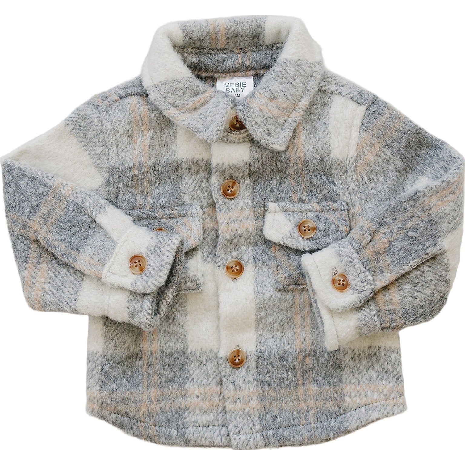 Grey Plaid kids shacket for babies and kids, perfect layer for cool weather, featuring soft brushed fabric.
