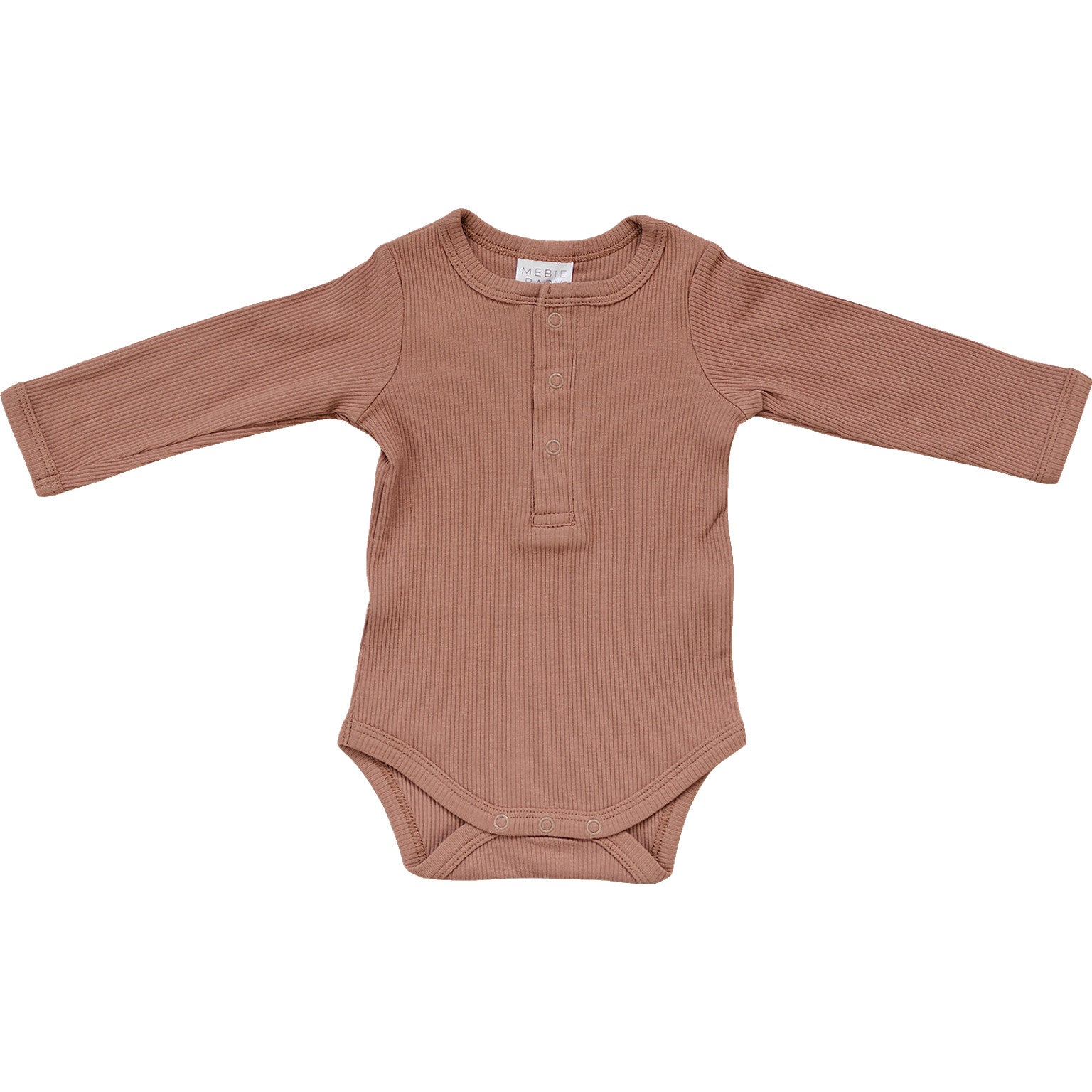 Dusty rose organic baby bodysuit with long sleeves and nickel-free snaps, made from GOTS-certified ribbed cotton.
