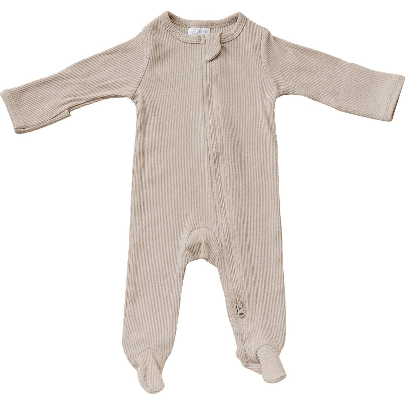 Oatmeal organic baby zipper pajamas made from soft GOTS-certified ribbed cotton for comfortable everyday wear.