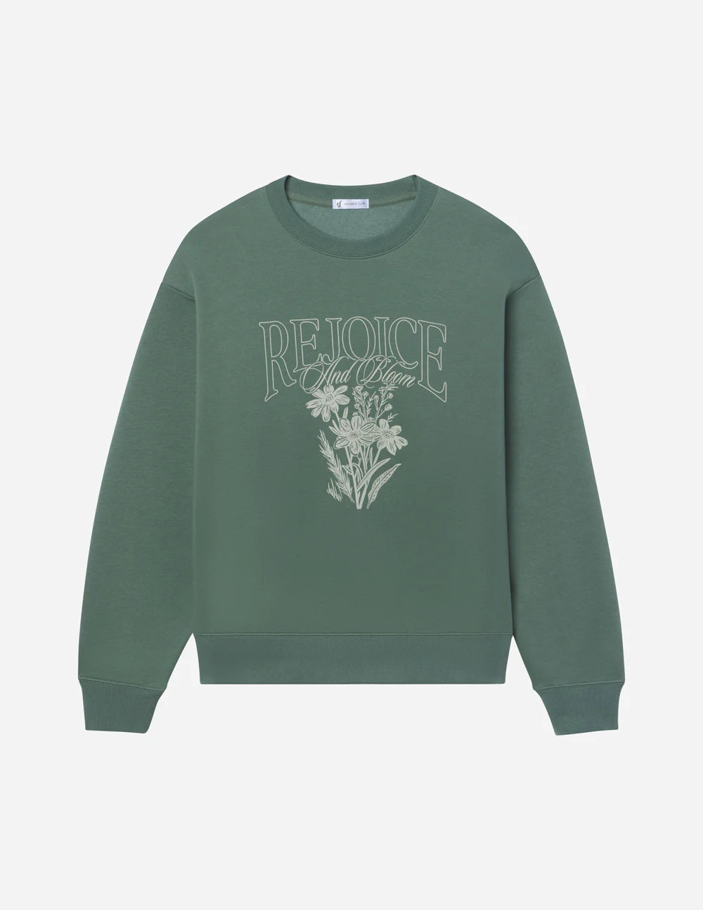 Rejoice unisex crewneck women sweatshirt in forest green with floral design and inspirational text.