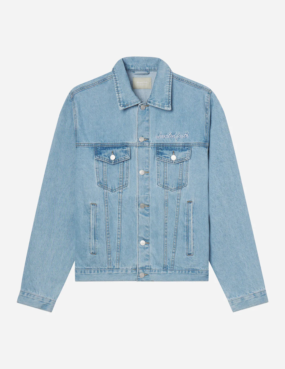What a Friend in Jesus Denim Jacket in soft-washed denim, featuring a relaxed fit and button front for effortless style.
