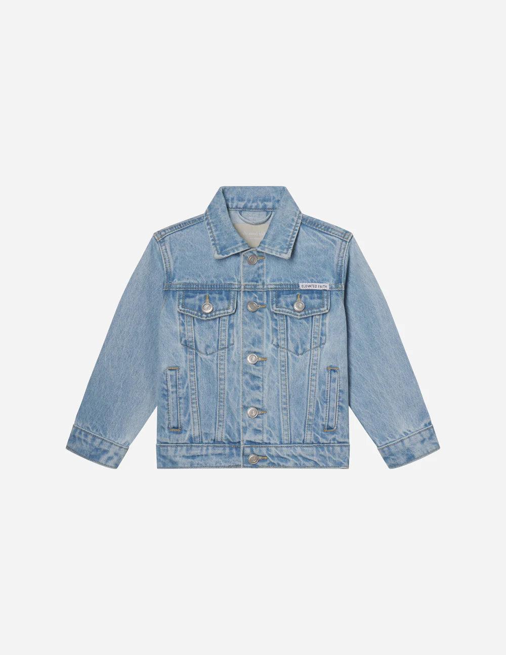 What a Friend in Jesus kids denim jacket, stylish and durable with a classic design, ideal for young believers.
