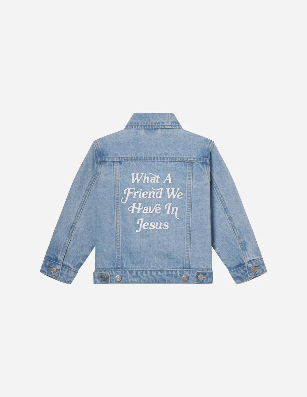 What a Friend in Jesus kids denim jacket with back text design, stylish and meaningful faith-inspired wear.