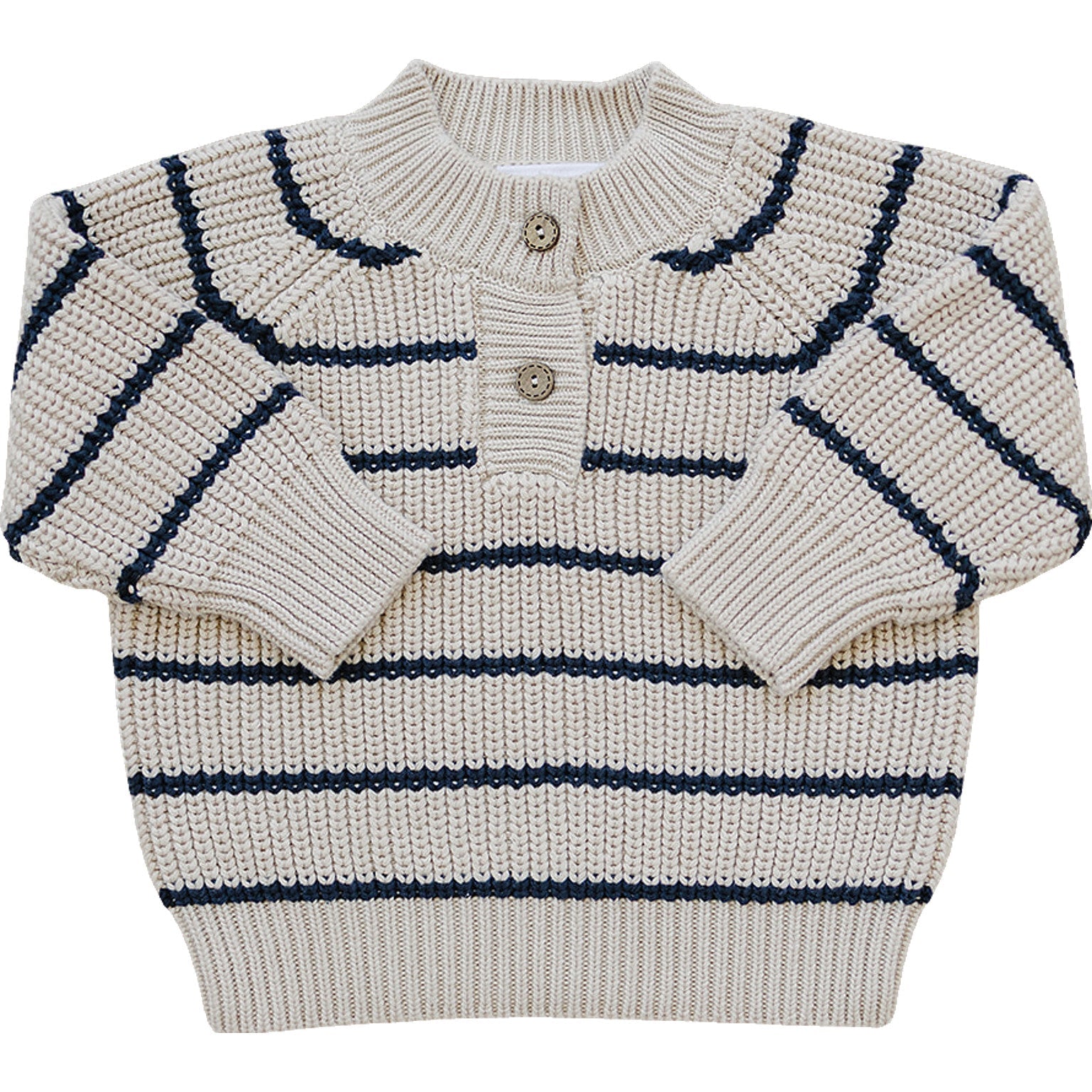 Classic striped knit baby sweater with navy and cream stripes and a two-button henley neckline.