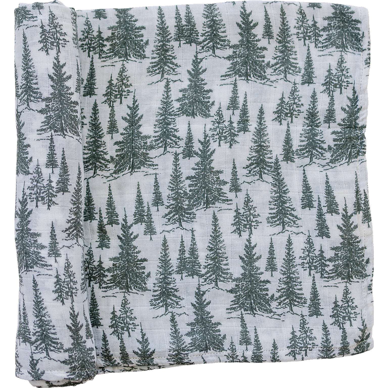 Forest muslin swaddle blanket featuring a serene pine tree print, perfect for swaddling or nursing.