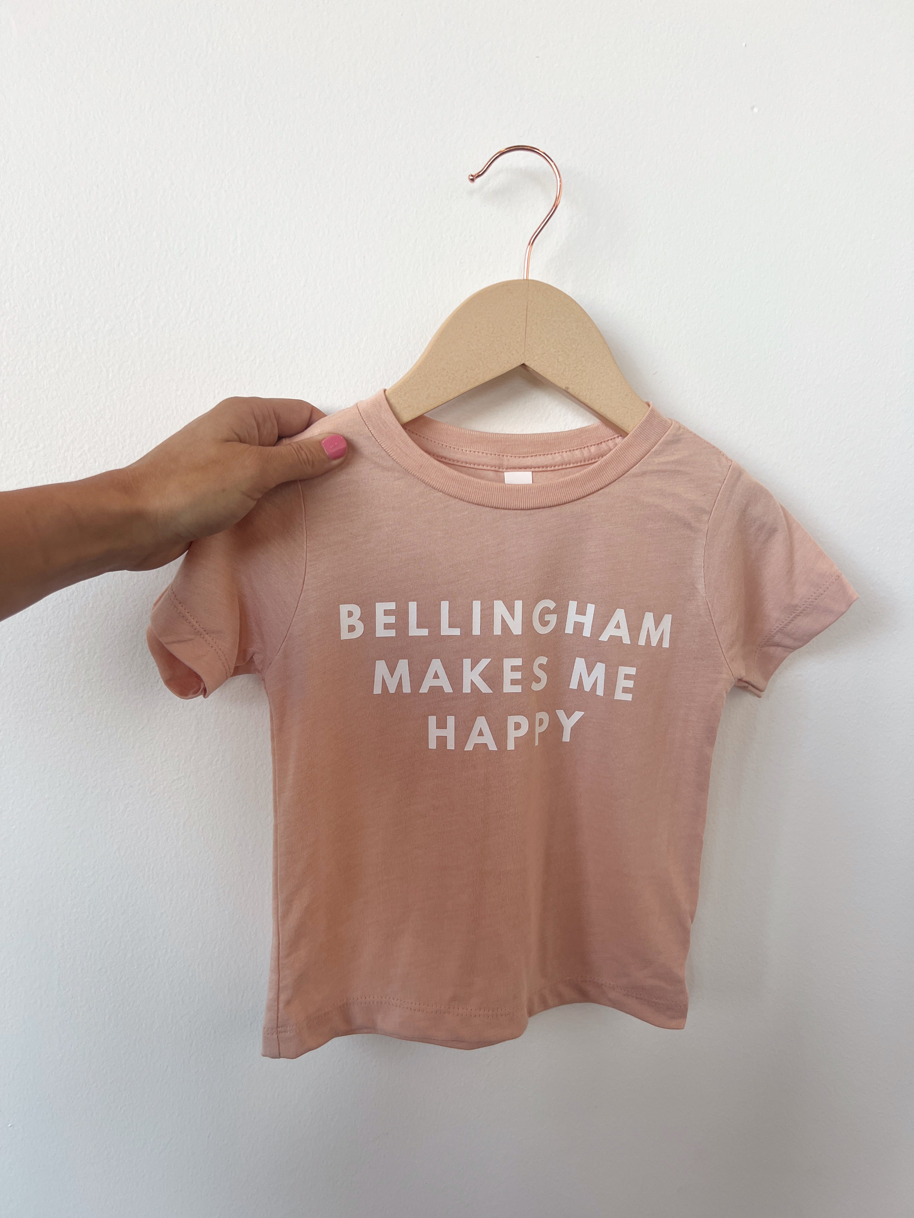 Bellingham Happy Tee for kids, soft cotton shirt with 'Bellingham Makes Me Happy' graphic, perfect for little ones.