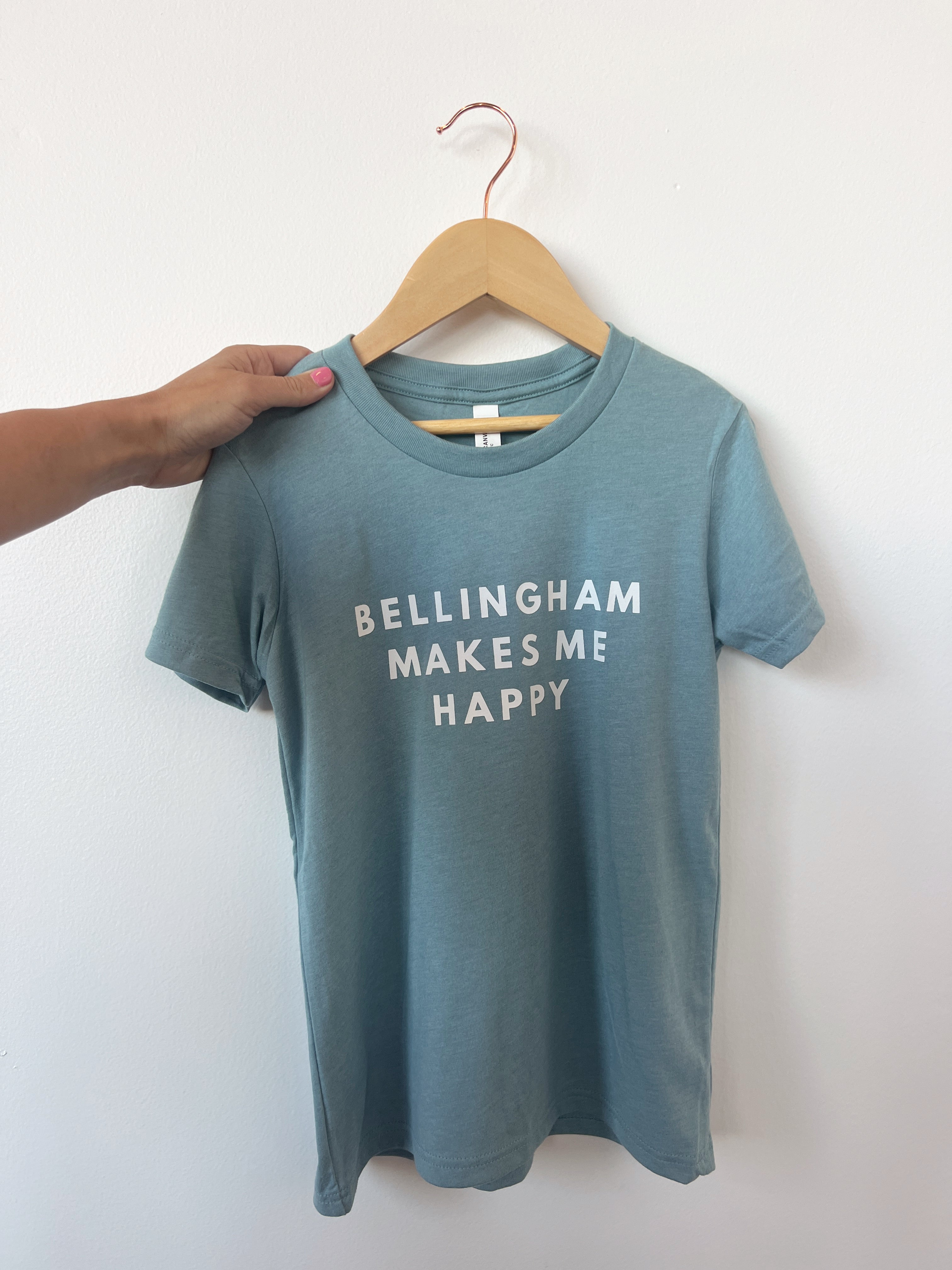 Bellingham Happy Tee kids shirt in soft blue with 'Bellingham Makes Me Happy' graphic