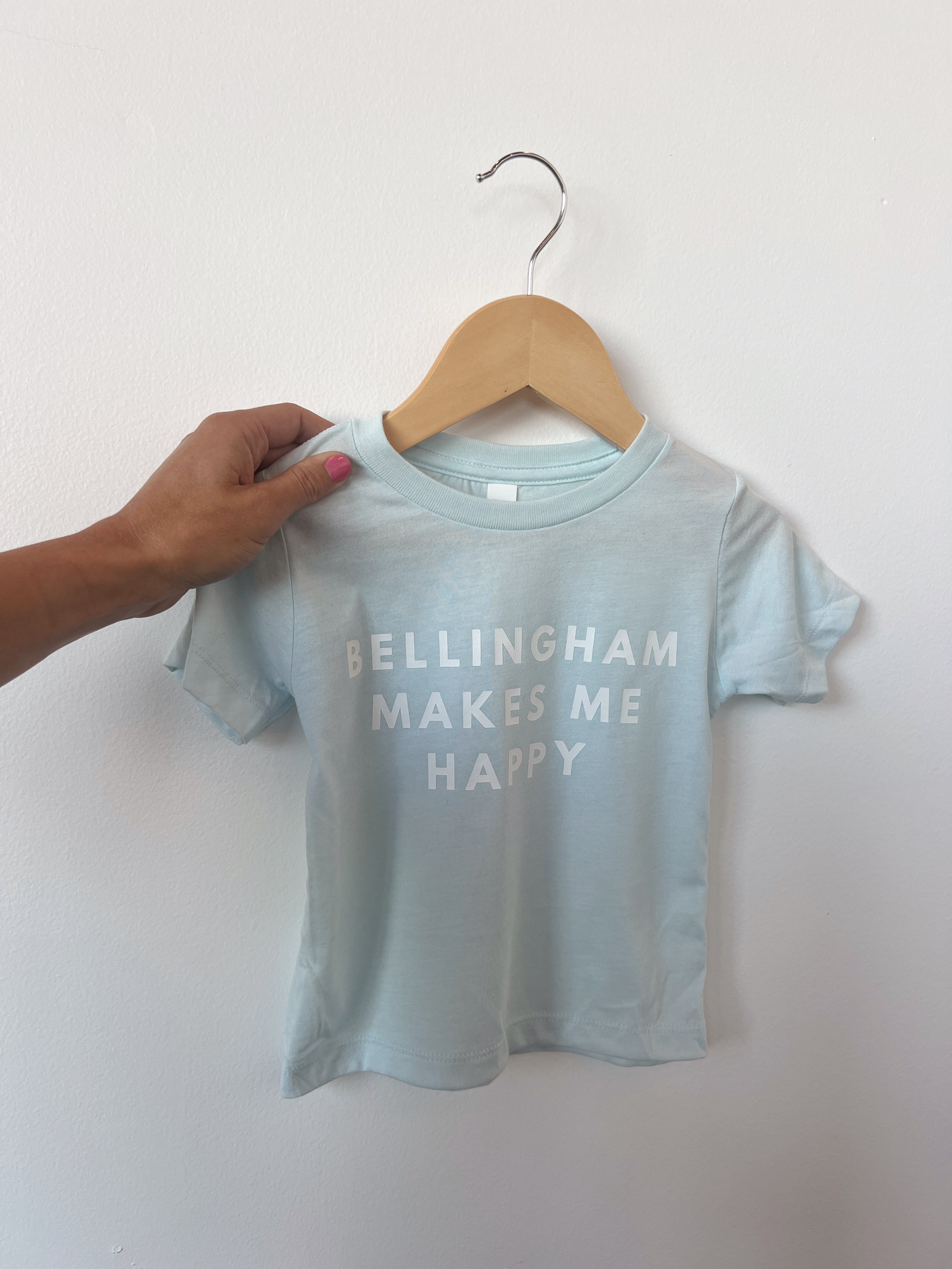 Bellingham Happy Tee for kids in soft blue with 'Bellingham Makes Me Happy' graphic, perfect for PNW kids.