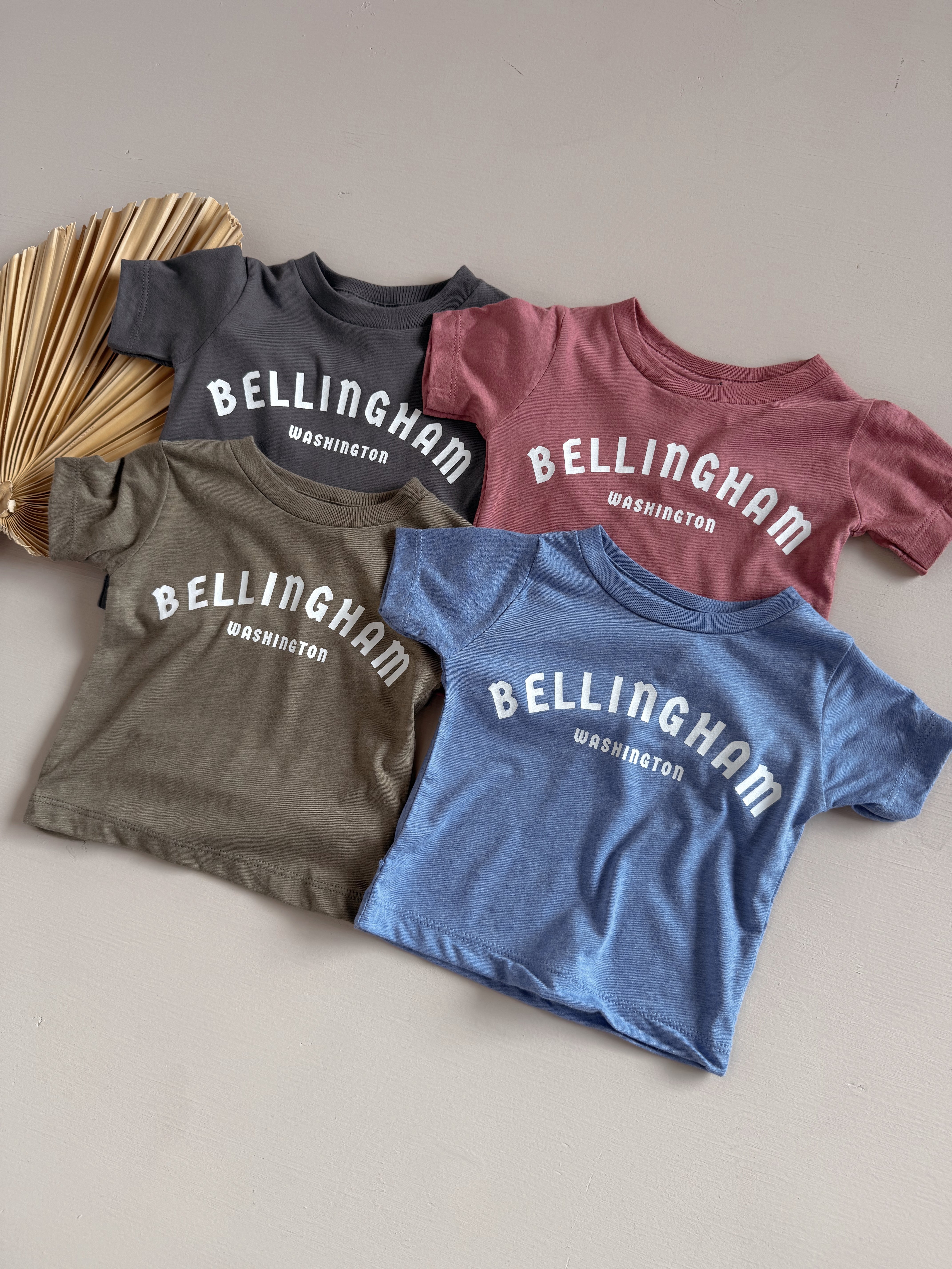 Four Bellingham WA kids tees in various colors displaying bold 'BELLINGHAM WASHINGTON' text.
