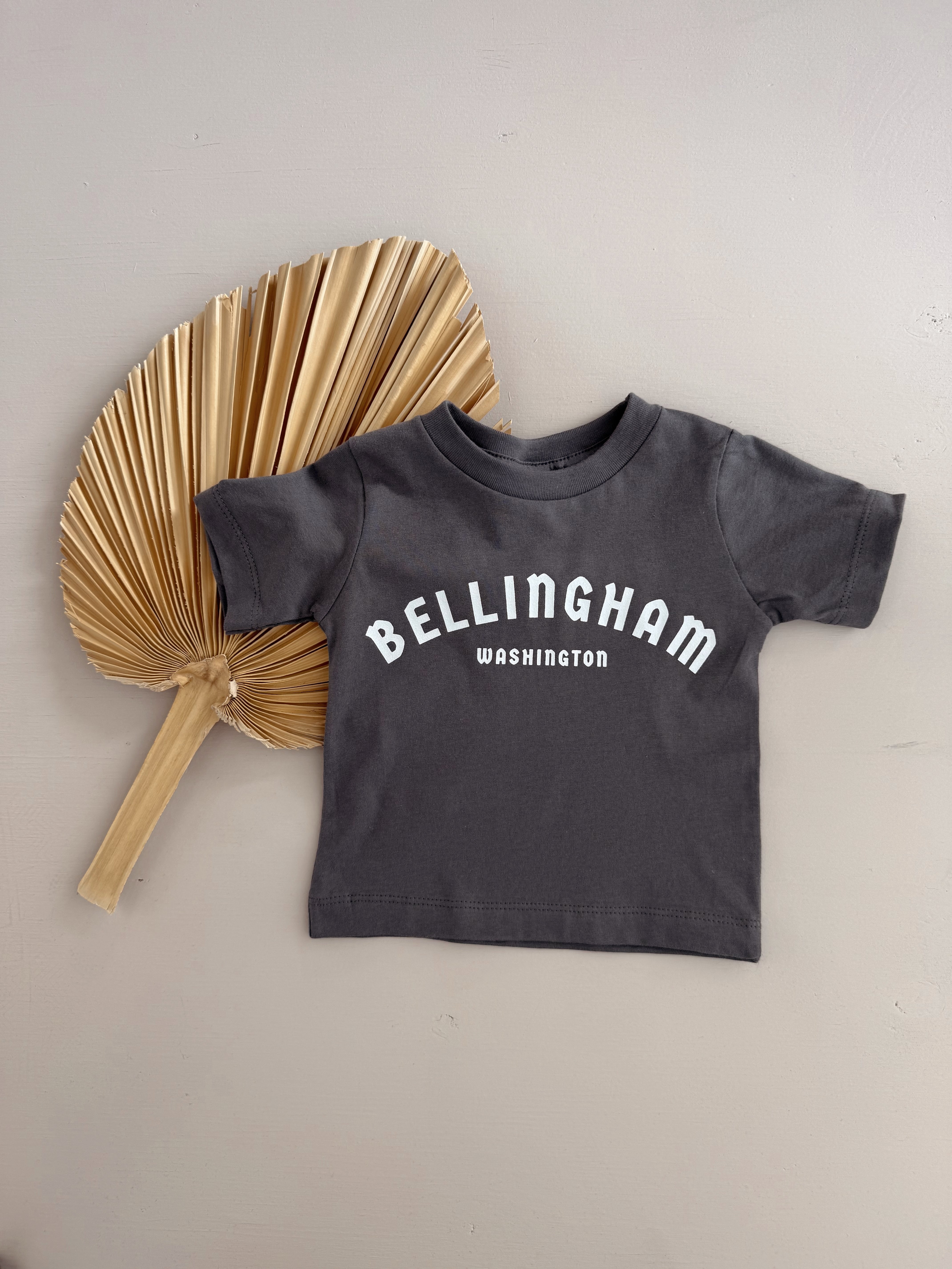 Bellingham WA kids tee in charcoal gray with white text, perfect for toddlers and local pride.