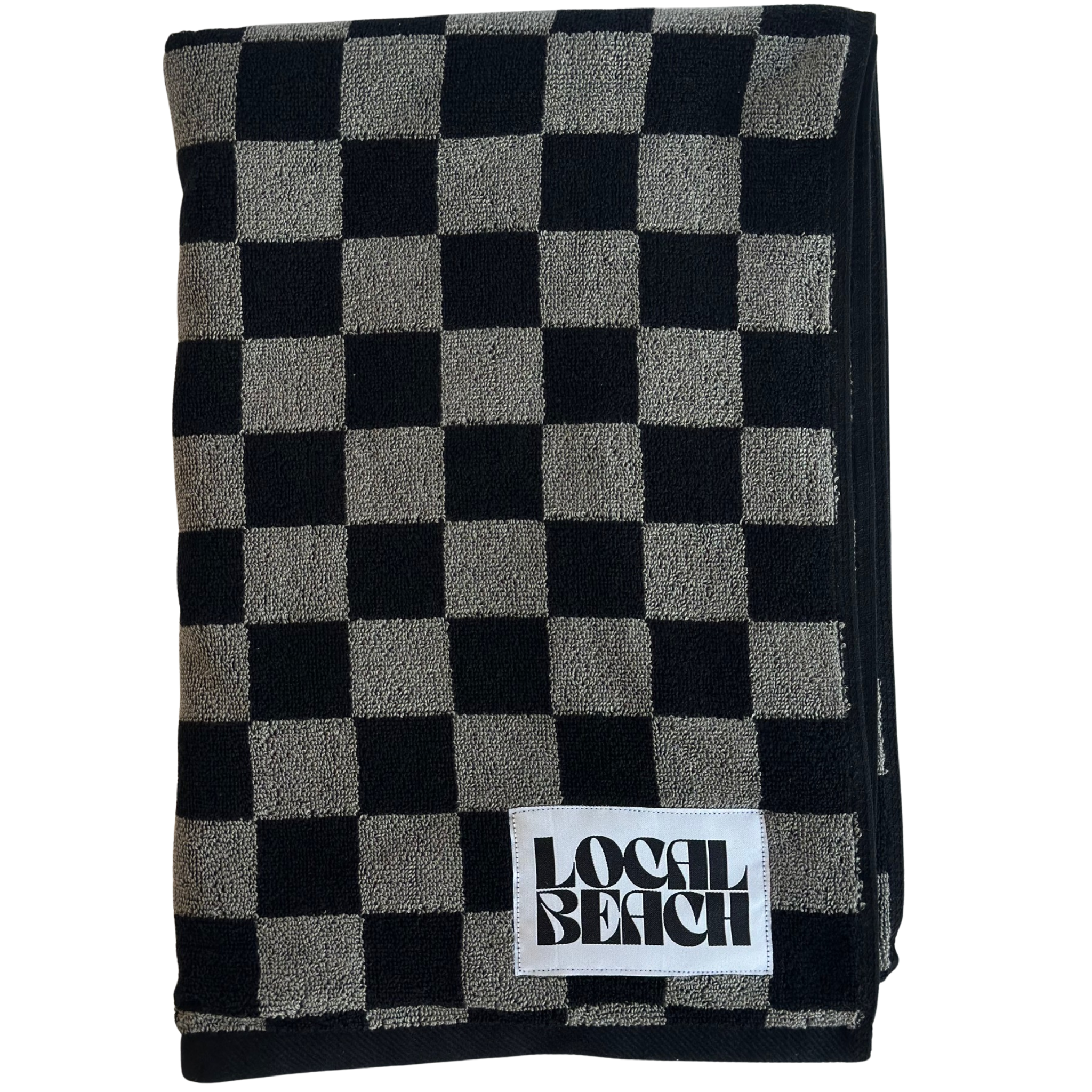 Oversized black-and-white checker pattern towel with Local Beach label, perfect for beach or bath use.