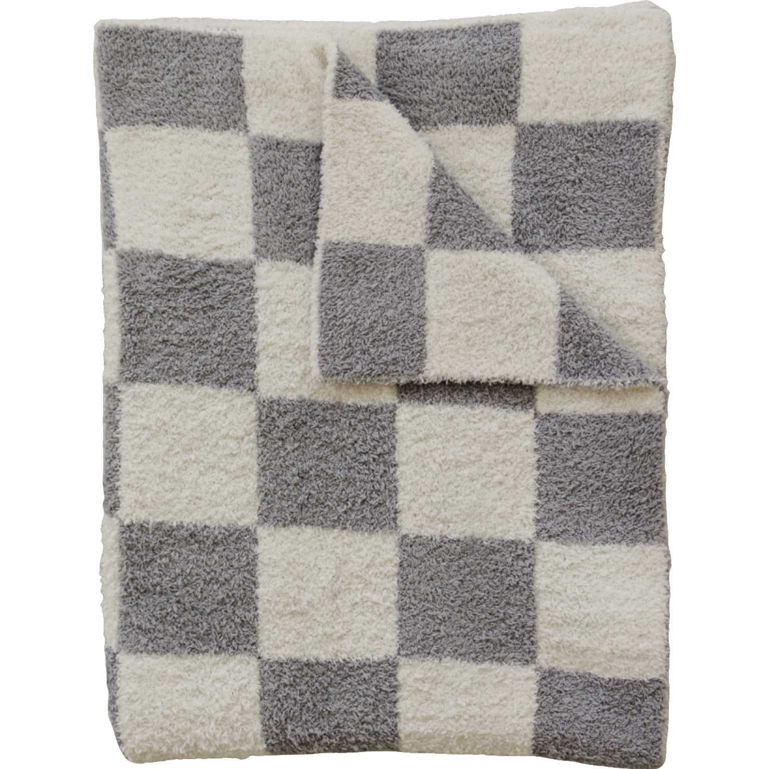 Grey checkered plush blanket folded, featuring soft fabric in modern grey and white design for cozy styling.