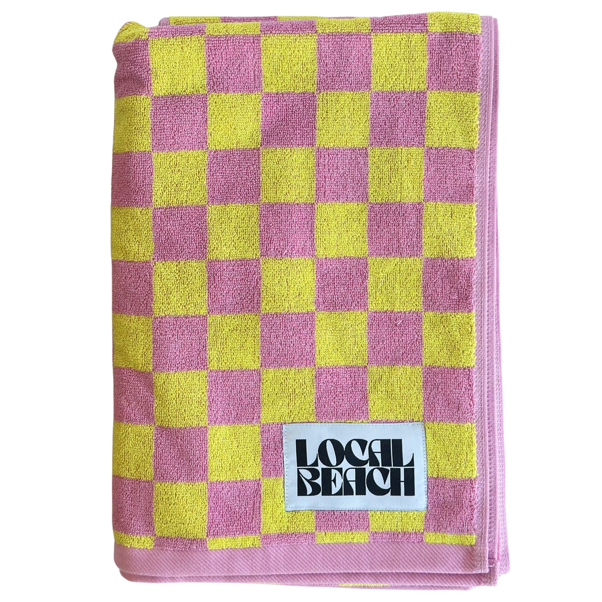 Local Beach towel with bold pink and yellow checker pattern, lightweight and absorbent for beach or bath use.