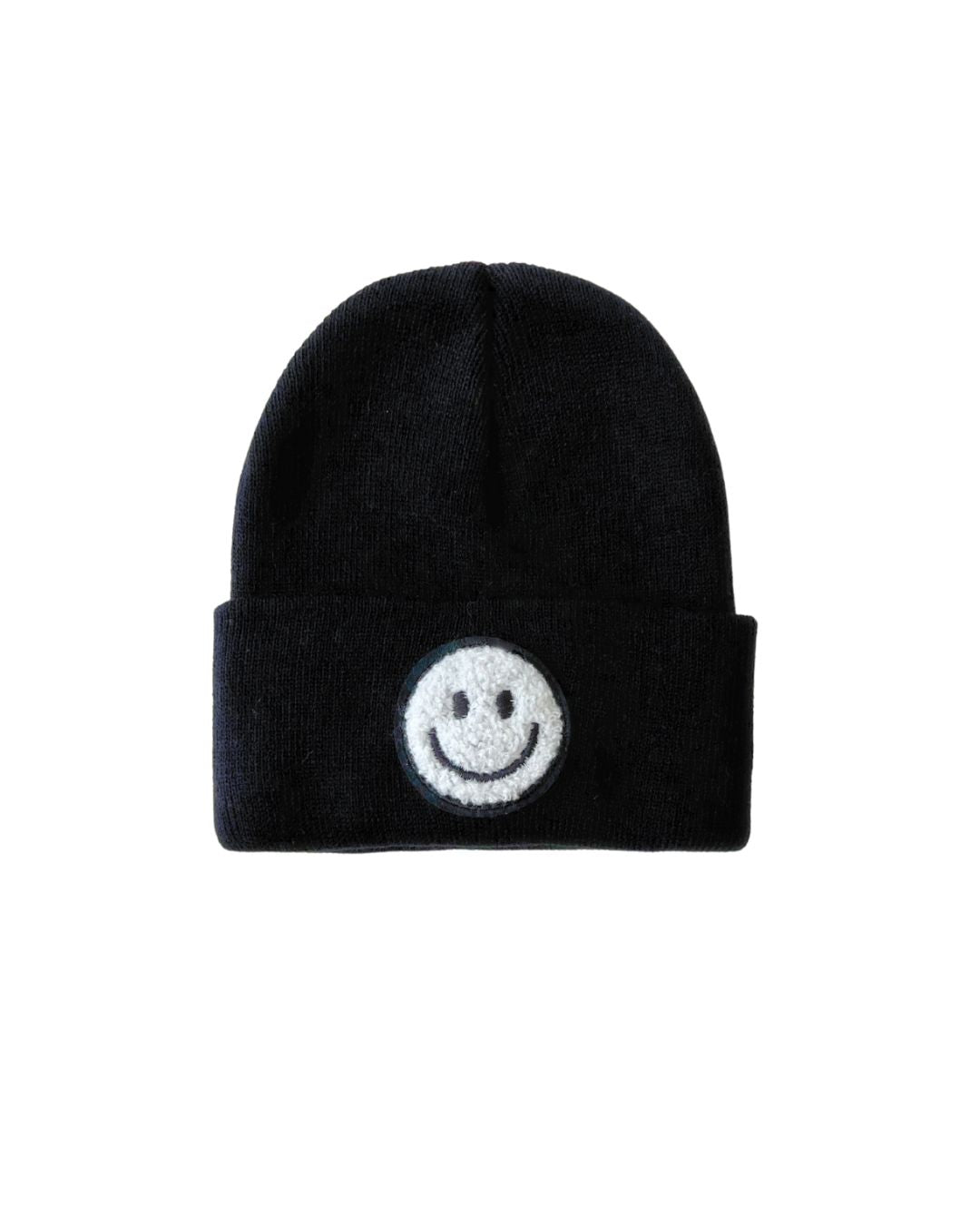 Smiley Beanie in black with a cheerful smiley face patch, perfect for all-day cozy wear for both kids and adults.