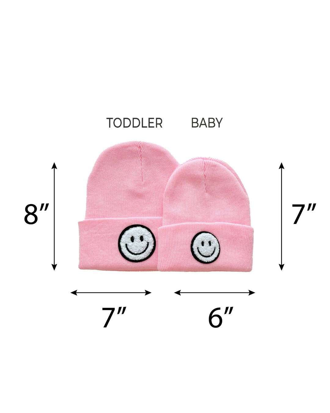 Smiley Beanie set in pink, featuring toddler and baby sizes with smiley face design, perfect for family matching.