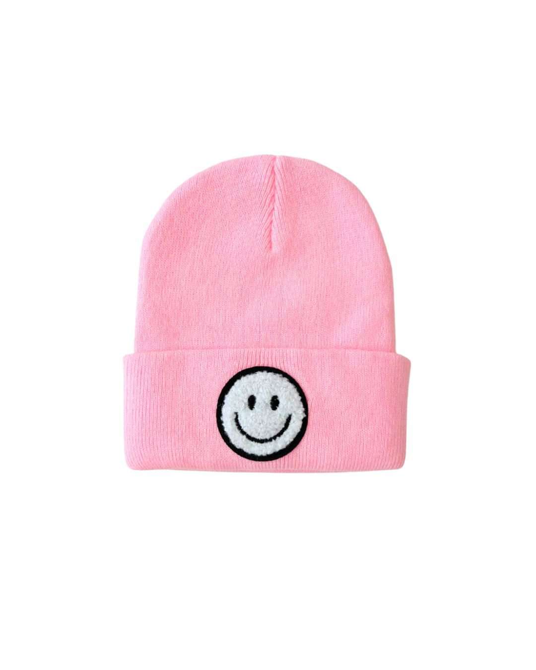 Smiley Beanie in pink featuring a cheerful smiley face design, perfect for all-day comfort for all ages.