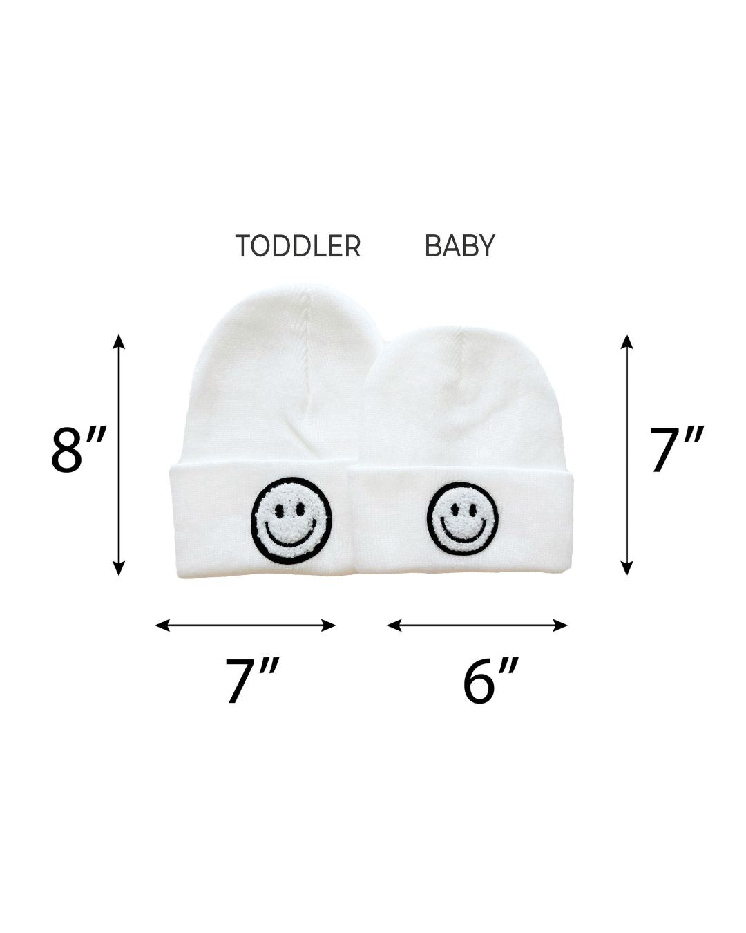 Smiley Beanie in white for toddler and baby sizes, showcasing fun smiley logo and dimensions