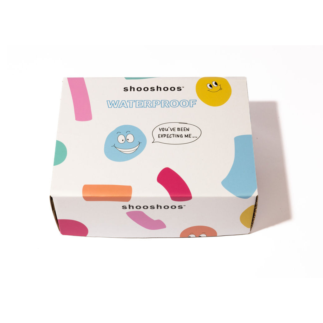 Colorful shooshoos waterproof shoe box with playful designs and smiling characters.