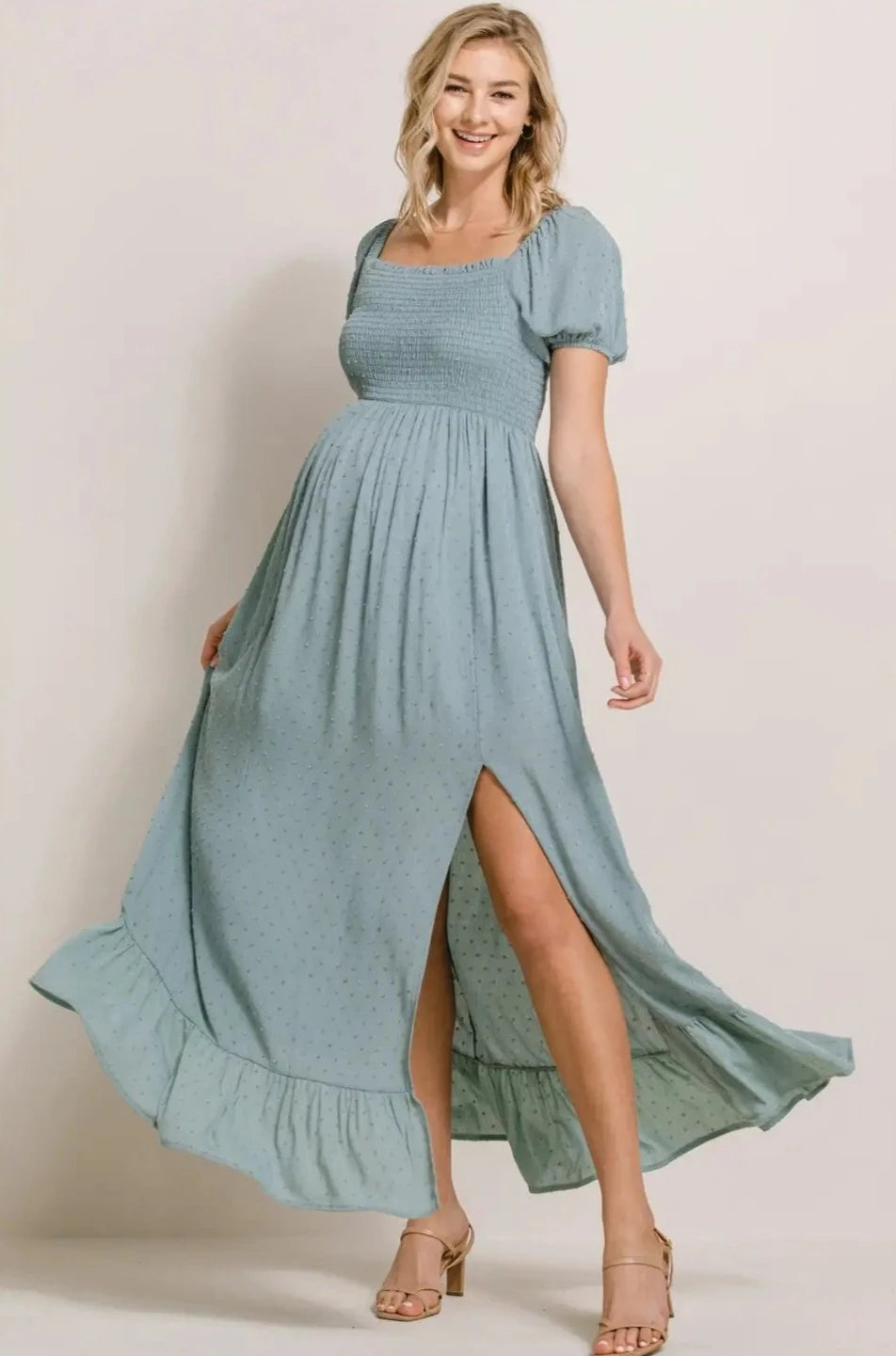 Smocked Swiss Dot Maternity Slit Maxi Dress