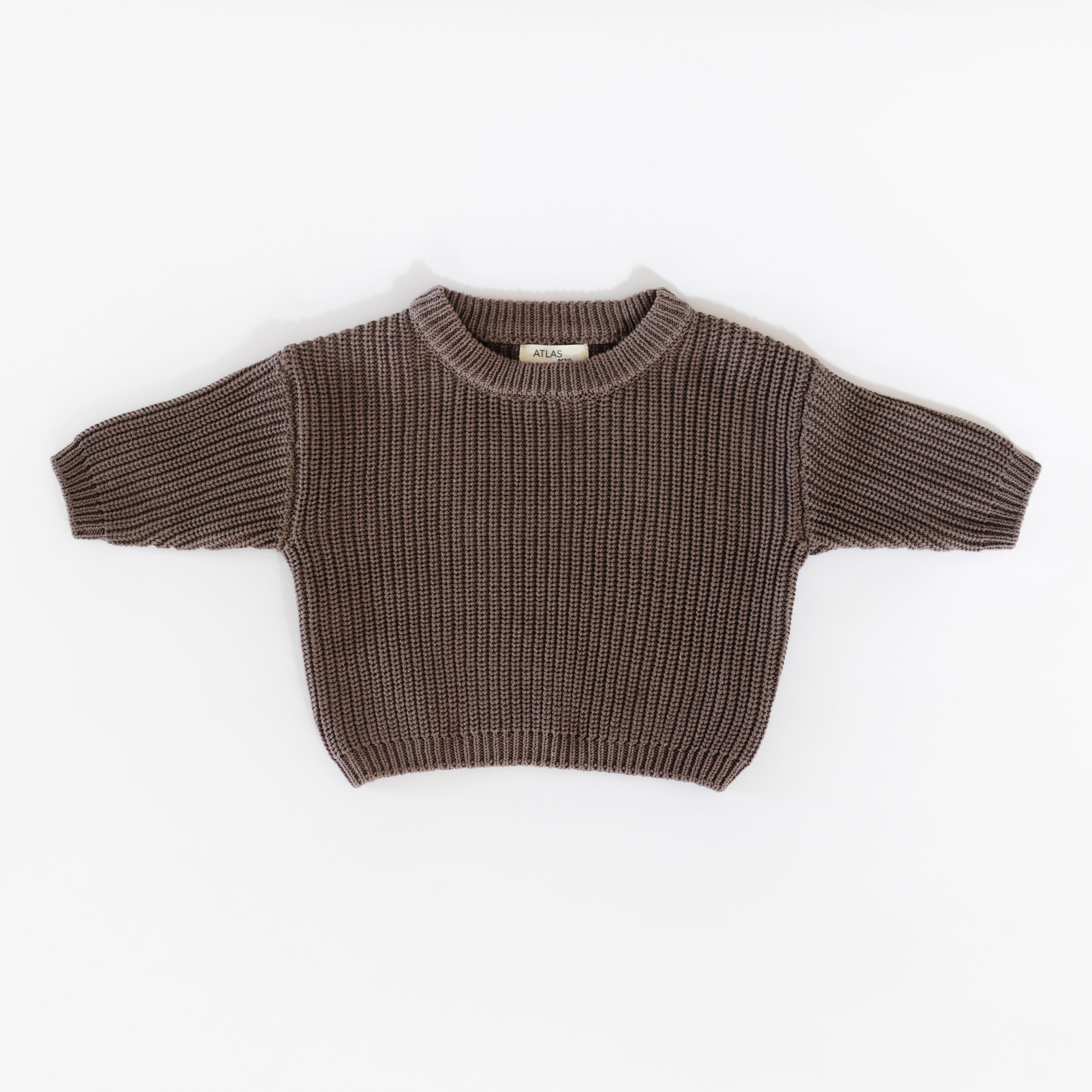 Organic Chunky Knit Sweater in Coffee Bean color for baby and kids, made from 100% organic cotton for comfort.