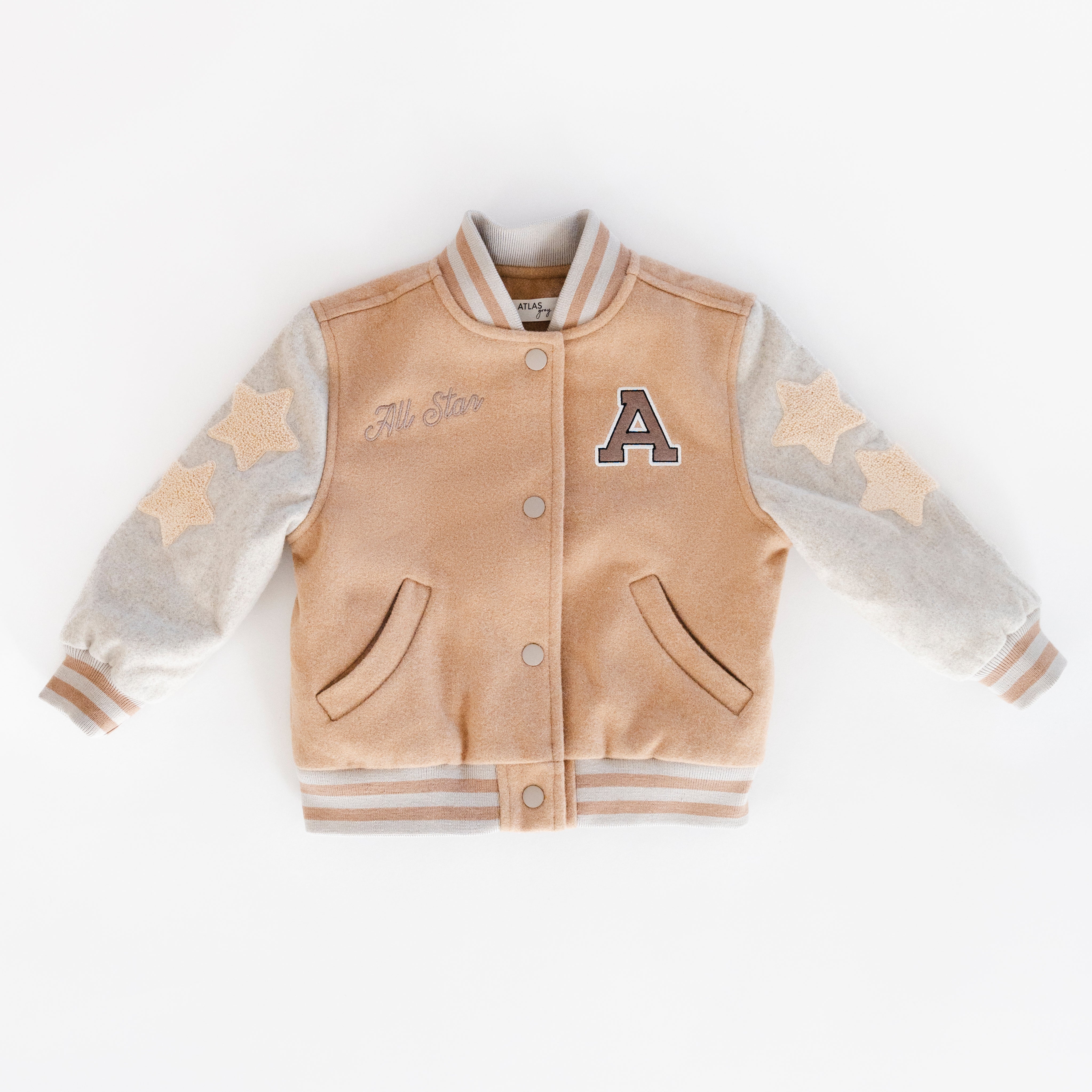Letterman Jacket - Classic varsity outerwear for kids in beige with star detail and contrast sleeves.