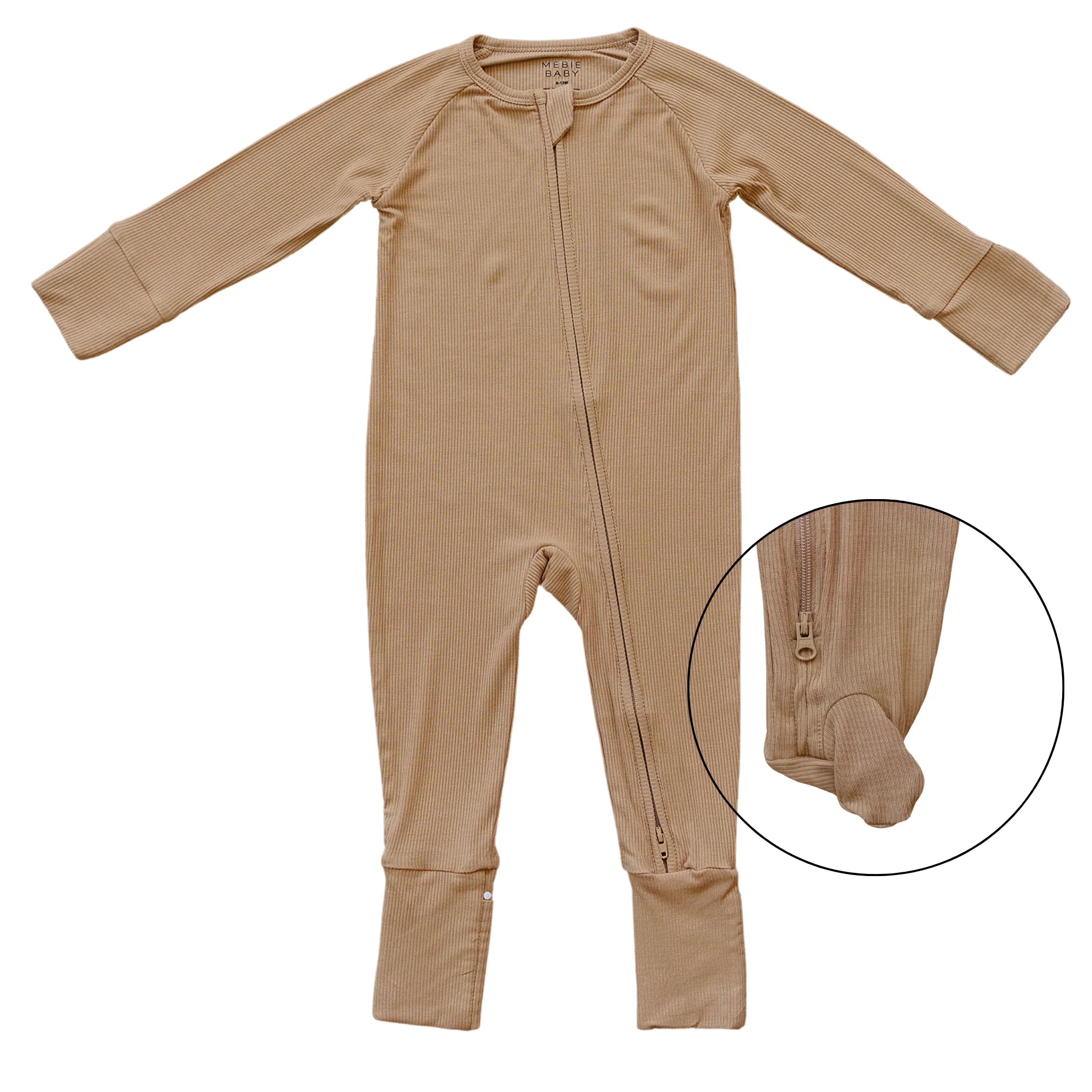 Latte ribbed bamboo zipper footie for babies, featuring double zipper and fold-over cuffs for comfort and growth.