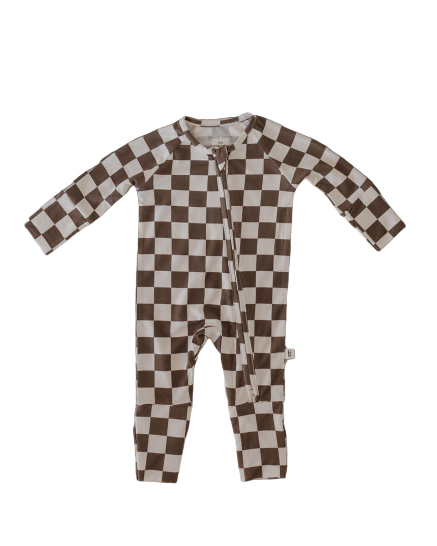 Bamboo zip pajamas by Dutton in brown and white checkerboard pattern for infants, perfect for sleep and play.
