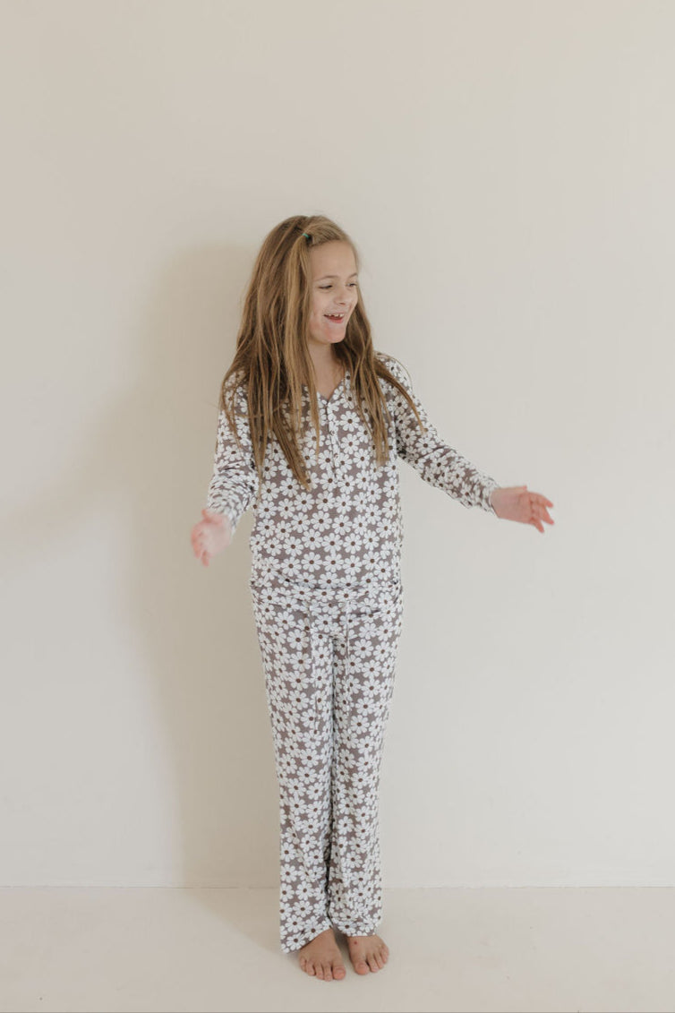 Youth flare bamboo pajamas darlin' featuring a girl in floral print loungewear, perfect for comfort and style.