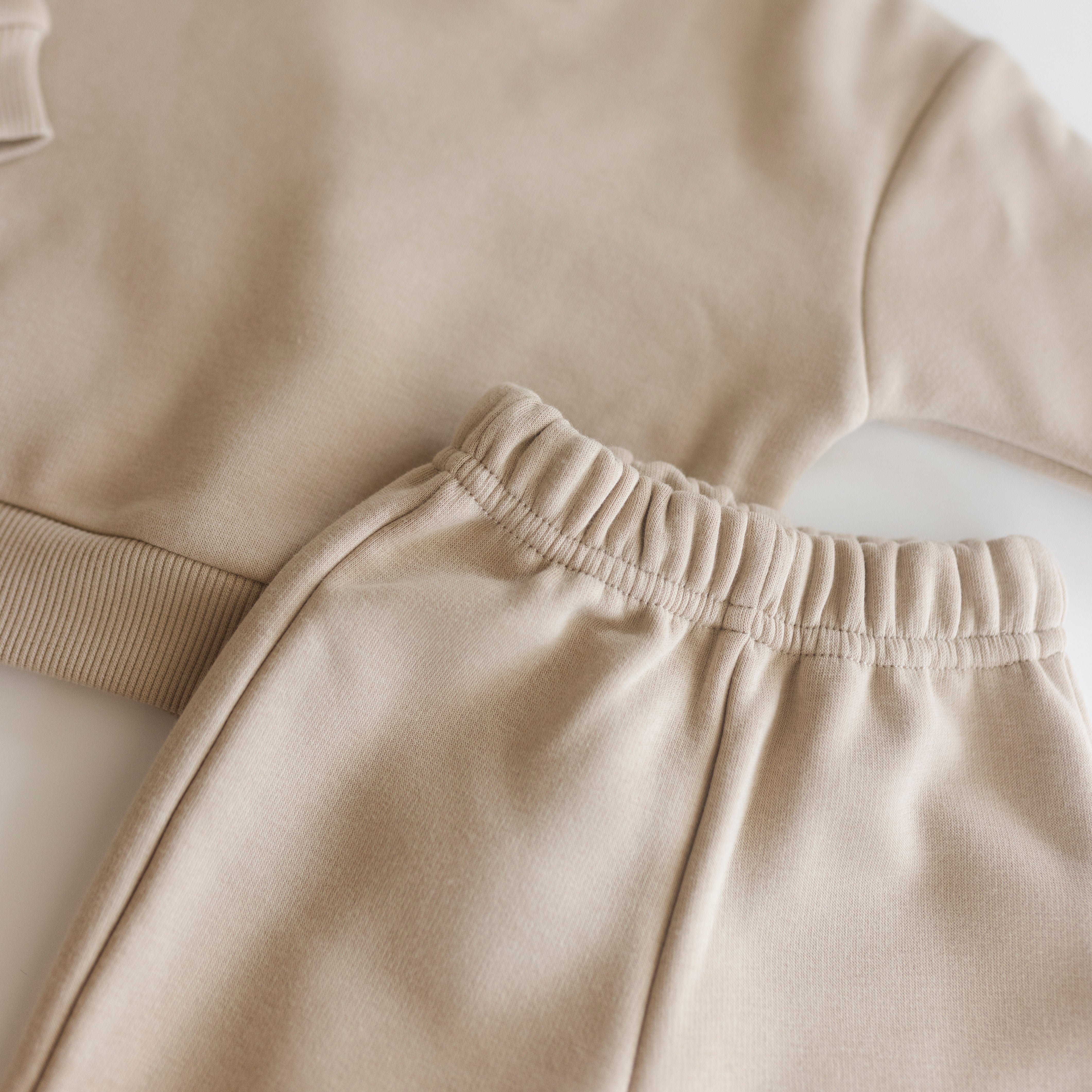Fleece Sweat Set - Ultra-Soft neutral lounge set featuring cozy sweatshirt and elastic waistband pants in beige.