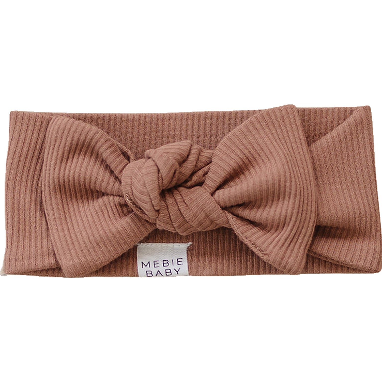 Dusty rose organic baby head wrap with pre-tied bow, made from soft ribbed cotton for stylish comfort.