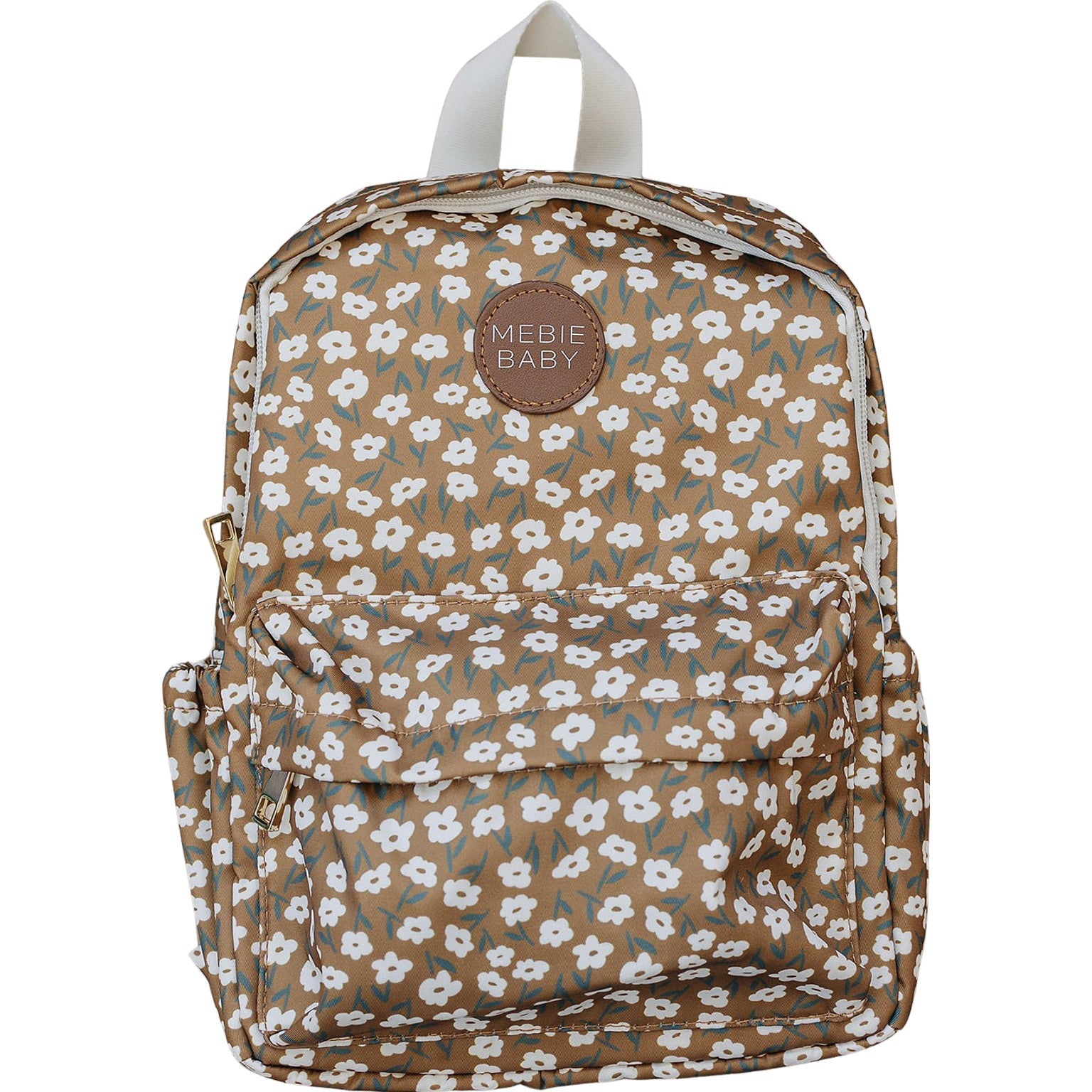 Mustard floral mini backpack for kids, perfect size for toddlers, with zip closure and adjustable straps.
