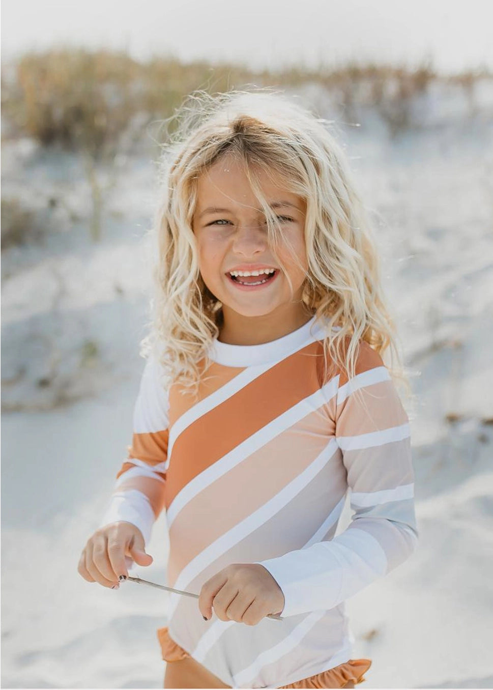 Beige Stripe Rainbow Zip Rash Guard One Piece Swimsuit